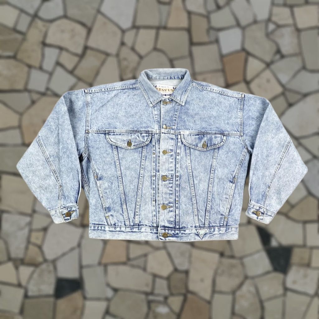 Guess VINTAGE Guess Jacket Mens Medium Blue Acid Wash Denim Jean Trucker Coat 90s USA Size US 31 - 1 Thumbnail