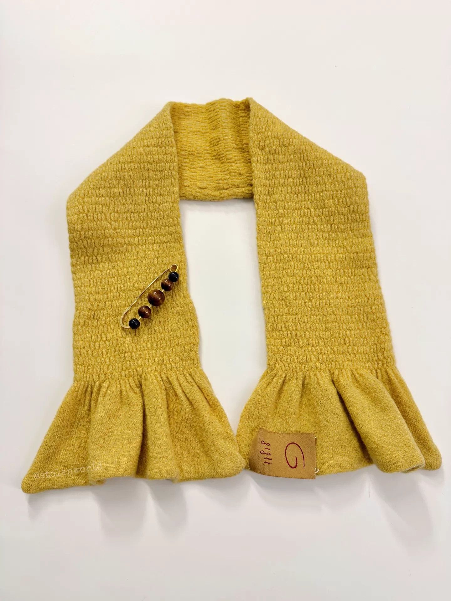 Romeo Gigli Romeo Gigli Pleated Wool Scarf Mustard Wooden Bead Pin Size ONE SIZE - 8 Thumbnail