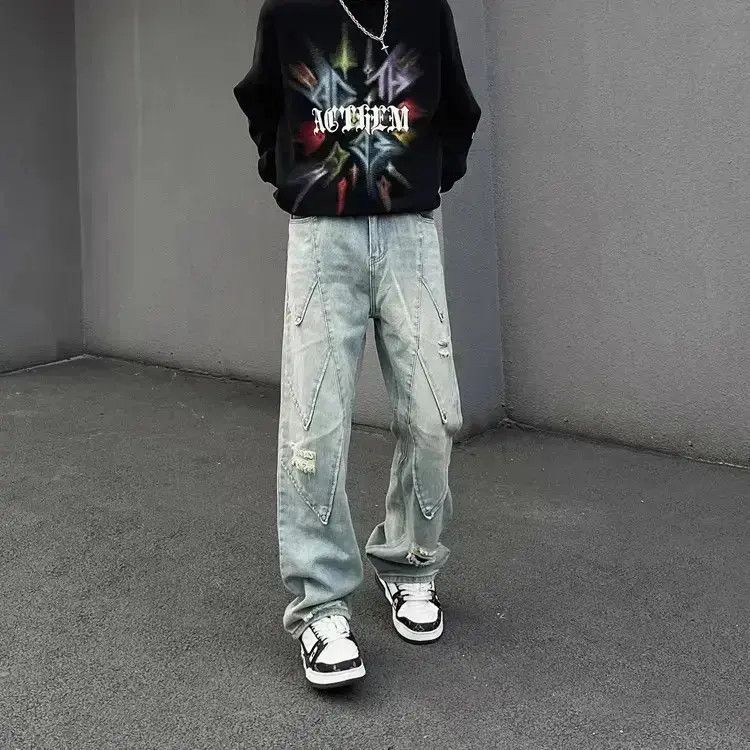 Japanese Brand Retro patchwork straight leg distressed jeans Size US 32 / EU 48 - 2 Thumbnail