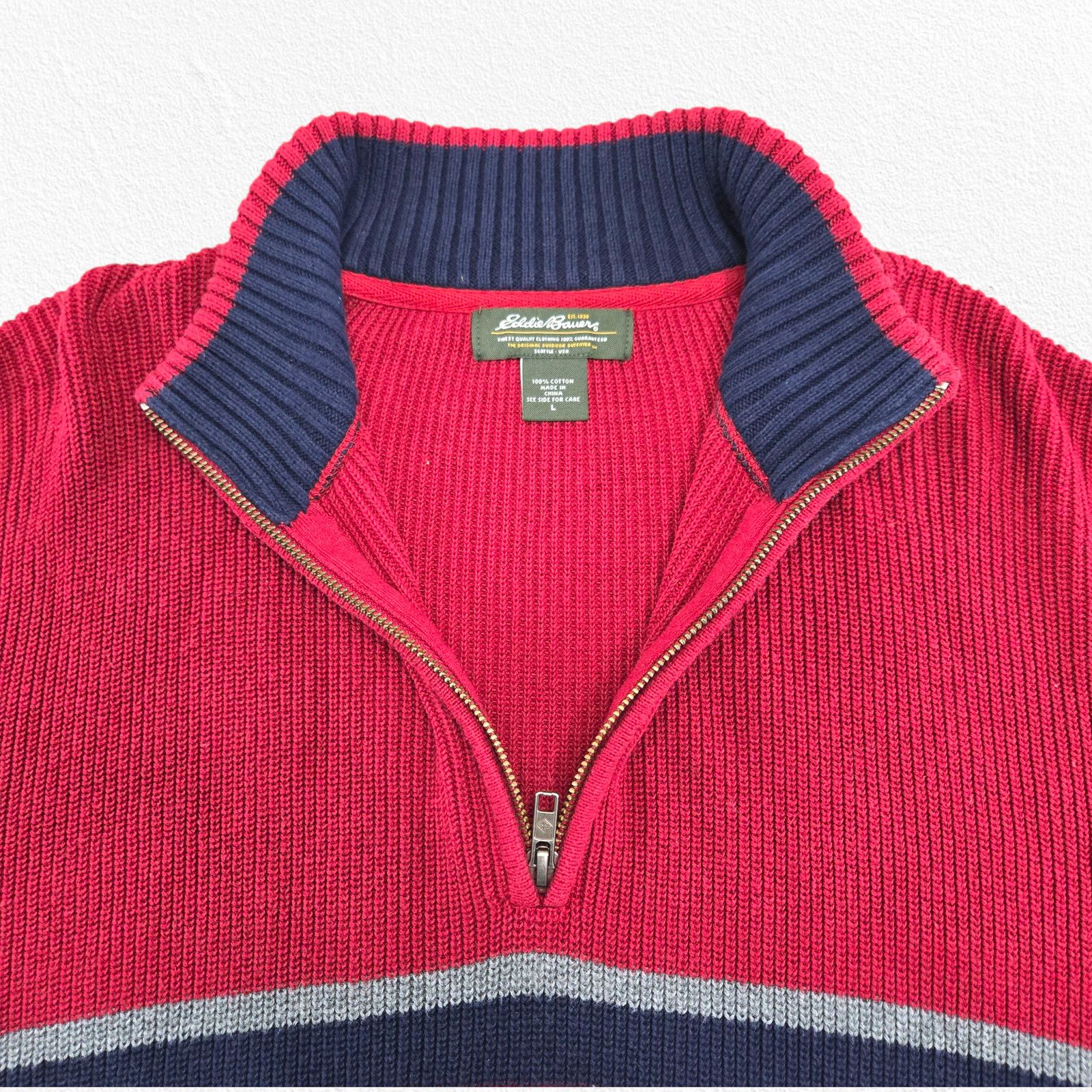 Eddie Bauer Eddie Bauer Red Half Zip Striped Knit Sweater Size Large Size US L / EU 52-54 / 3 - 6 Thumbnail