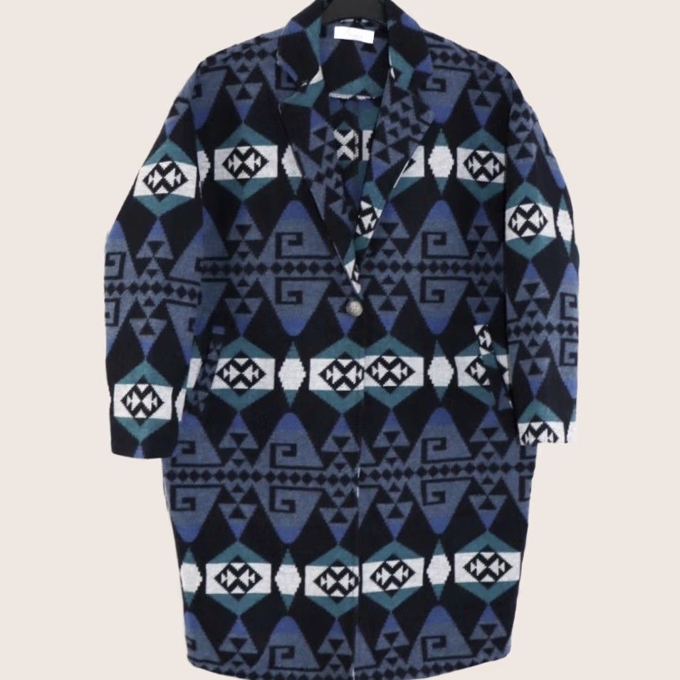 Other VINTAGE Aztec Jacket Acrylic Wool Blend Size Medium Women’s Mid Length Blue Mix Vgc Used Size M / US 6-8 / IT 42-44 - 1 Thumbnail