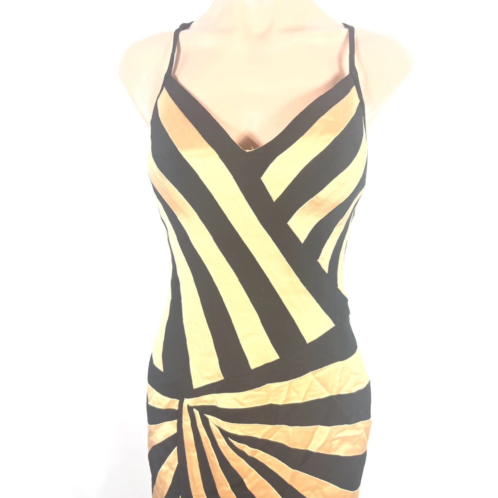La Femme Paris Short Geometric Black Gold Silk Gown Prom Formal Dress 2  Dress Sleeveless Strappy