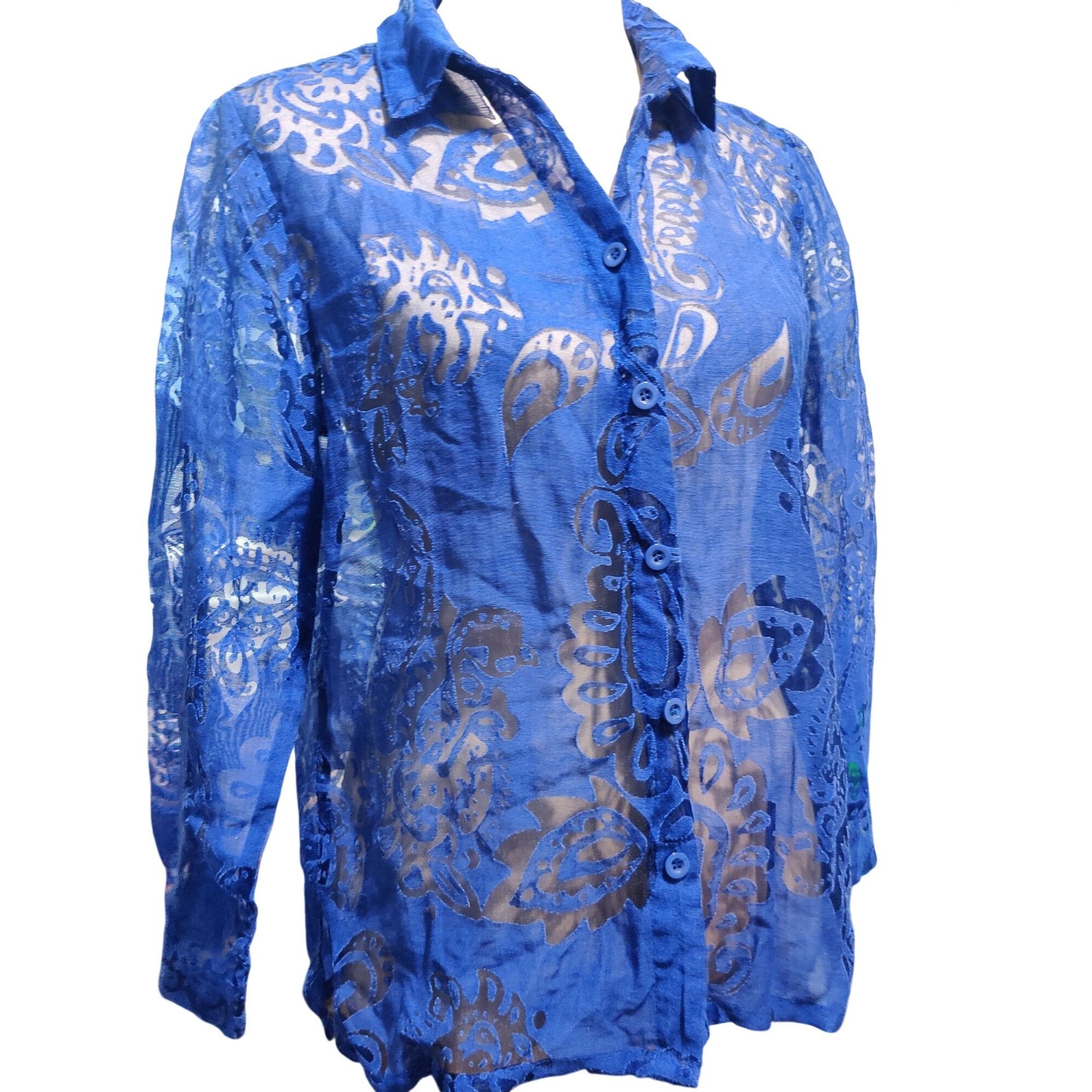 Other Salon Studio MP Petite Womens Blue Blouse Sheer Paisley Long Size M / US 6-8 / IT 42-44 - 2 Thumbnail
