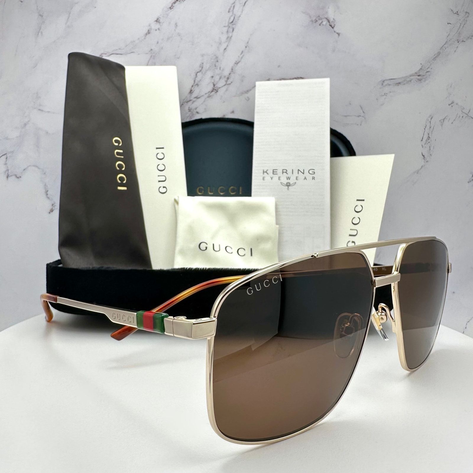 Gucci New GUCCI Sunglasses Gold Metal Square Aviator Red Green Size ONE SIZE - 19 Thumbnail