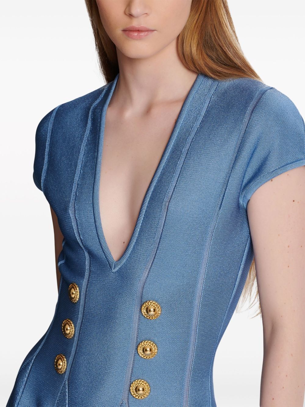 Balmain o1s1wg110825 6 Button Fine Knit Minidress in Blue Size XL / US 12-14 / IT 48-50 - 6 Thumbnail
