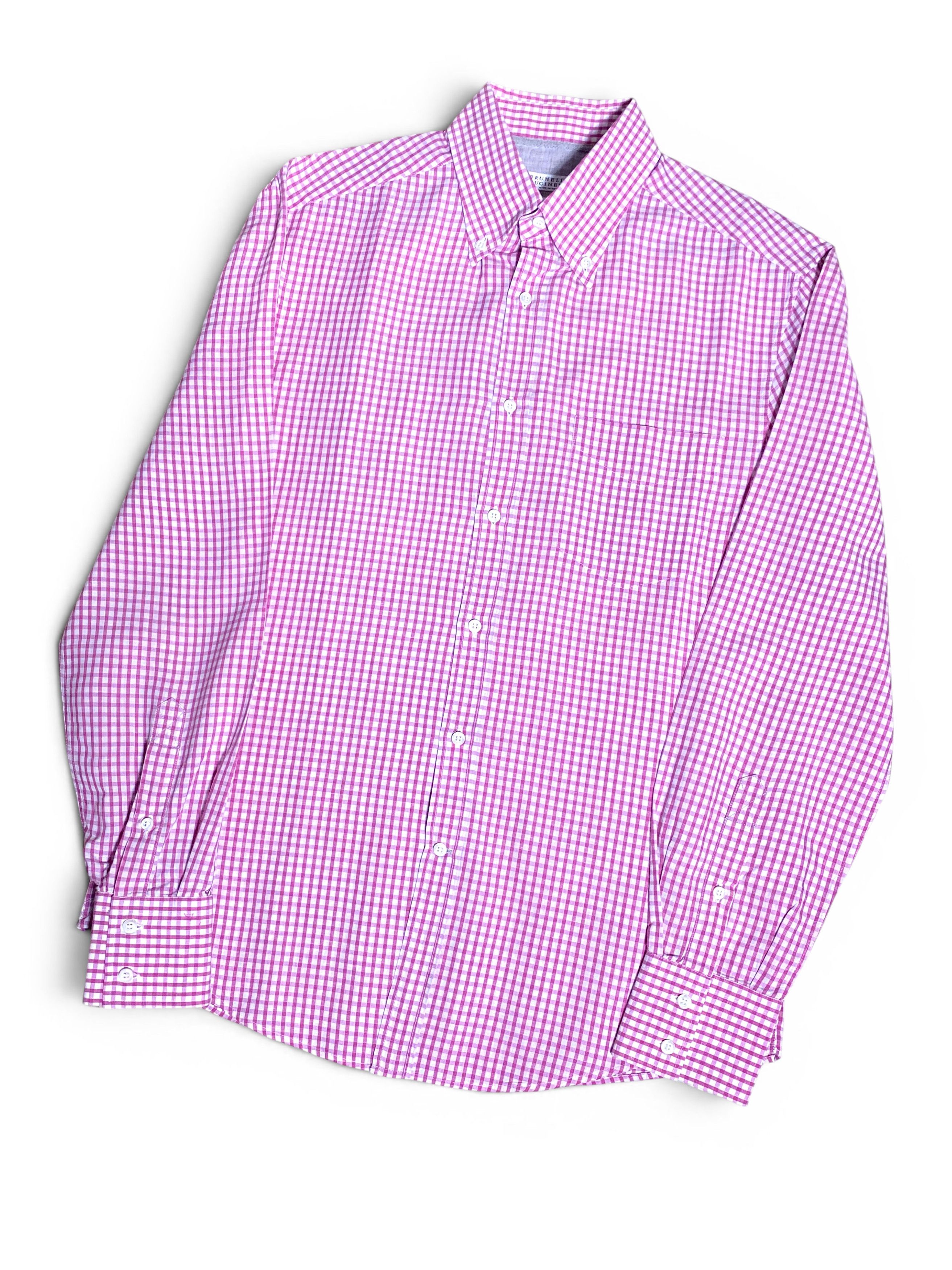 Brunello Cucinelli Brunello Cucinelli Pink White Check Cotton Linen Slim Shirt Size US M / EU 48-50 / 2 - 3 Thumbnail