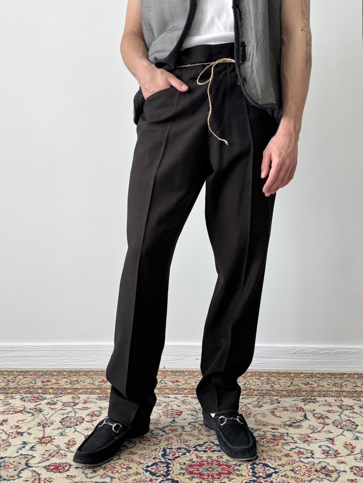 Vintage 1940s Austrian Two Piece Gabardine Brown Striped Suit Size 44R - 3 Thumbnail