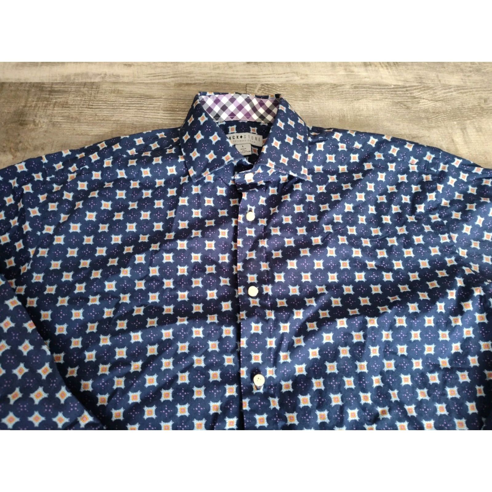 Vintage Vintage Jack Stone Men's Button-Up Shirt Large Blue Orange Geometric Pattern Casual 70s Preppy Two-Tone Size US L / EU 52-54 / 3 - 5 Thumbnail