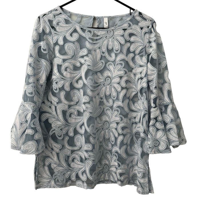 Other NY Collection Blouse Medium Blue White Sheer Floral Bell Sle ...