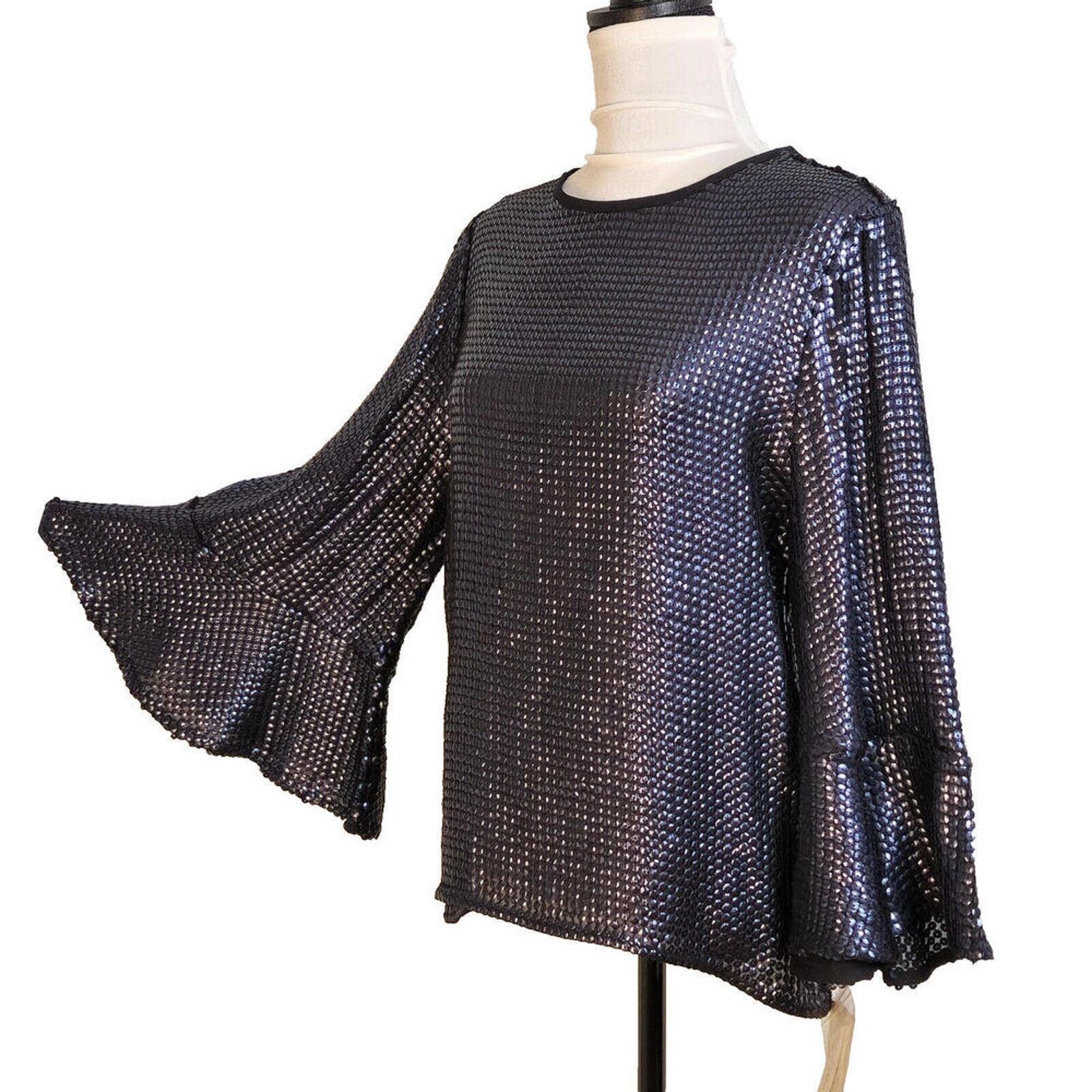 Other Trouve Navy Blue Sequin Bell Sleeve Size Small Blouse NWT Size S / US 4 / IT 40 - 3 Thumbnail