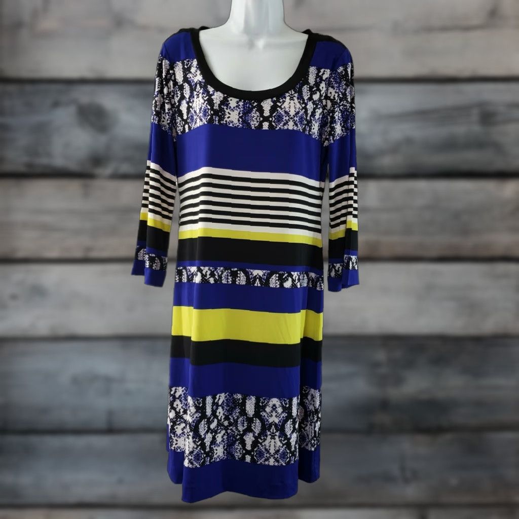 Calvin Klein Calvin Klein Womens Dress Striped Blue Yellow Scoop Neck 3/4 Sleeve Size M Knee Length Womens Size M / US 6-8 / IT 42-44 - 1 Thumbnail