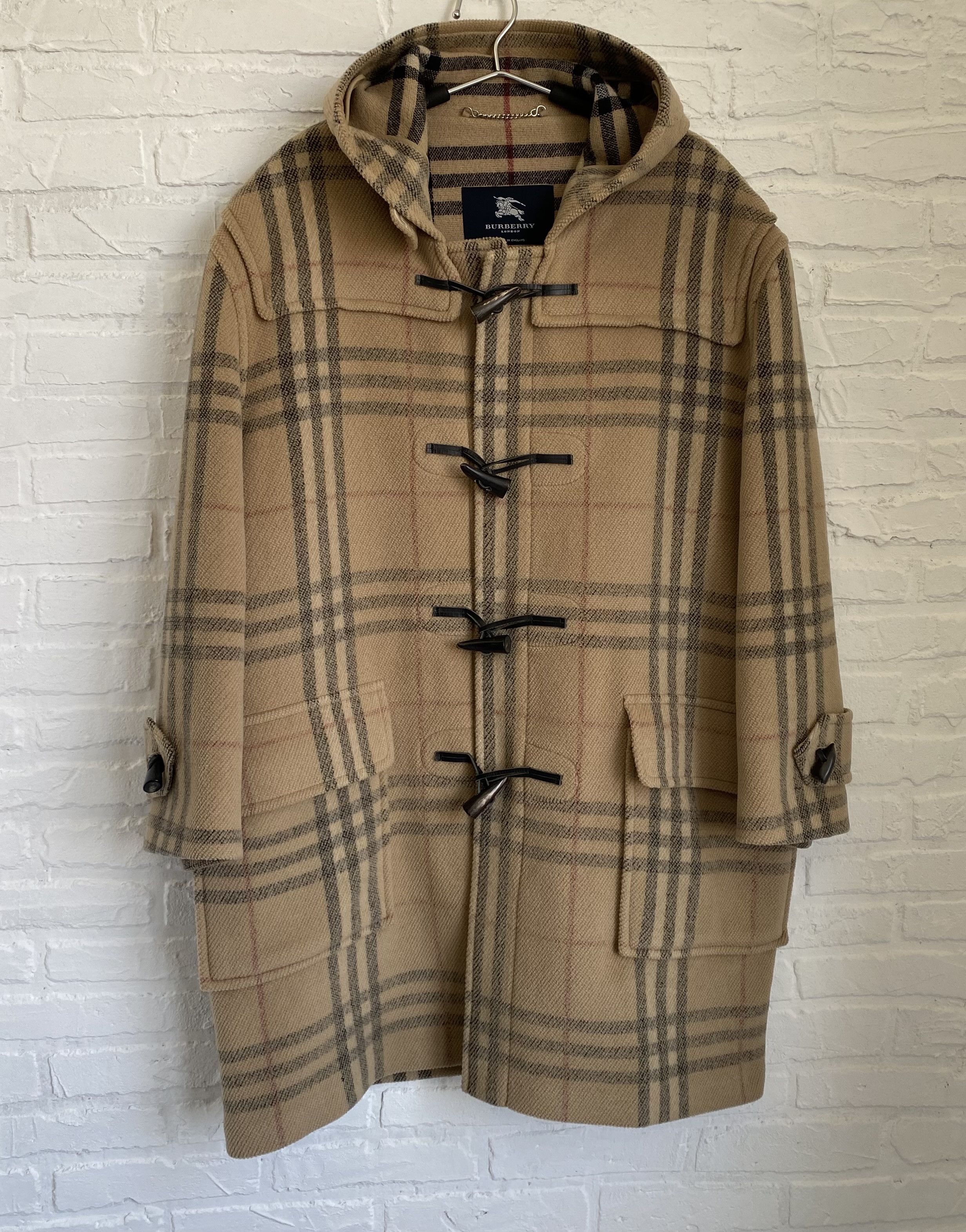 image of Burberry Full Nova Check Wool Duffle Coat in Beige, Men's (Size Large)