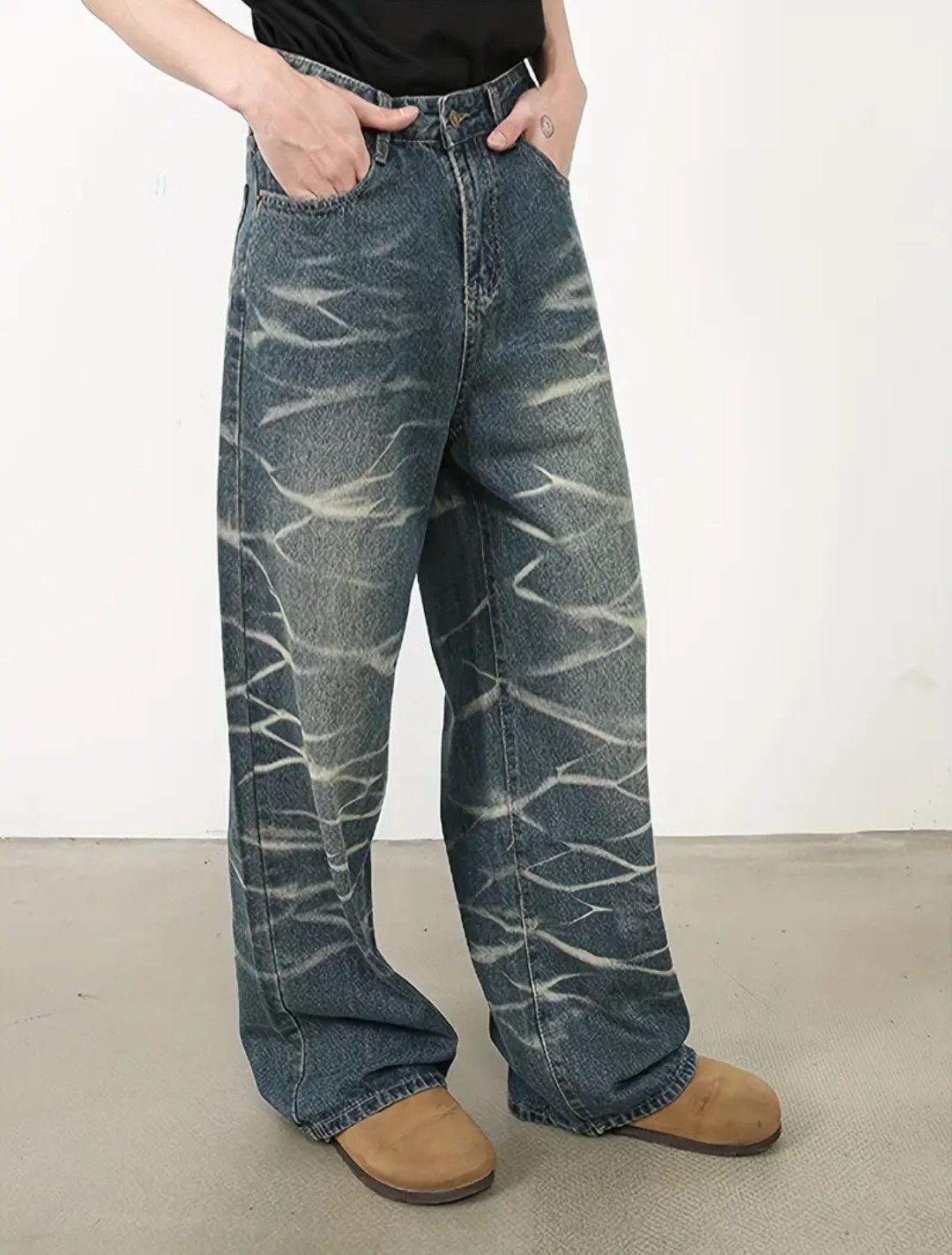 Retro Loose Straight Leg Wave Fade Denim Jeans