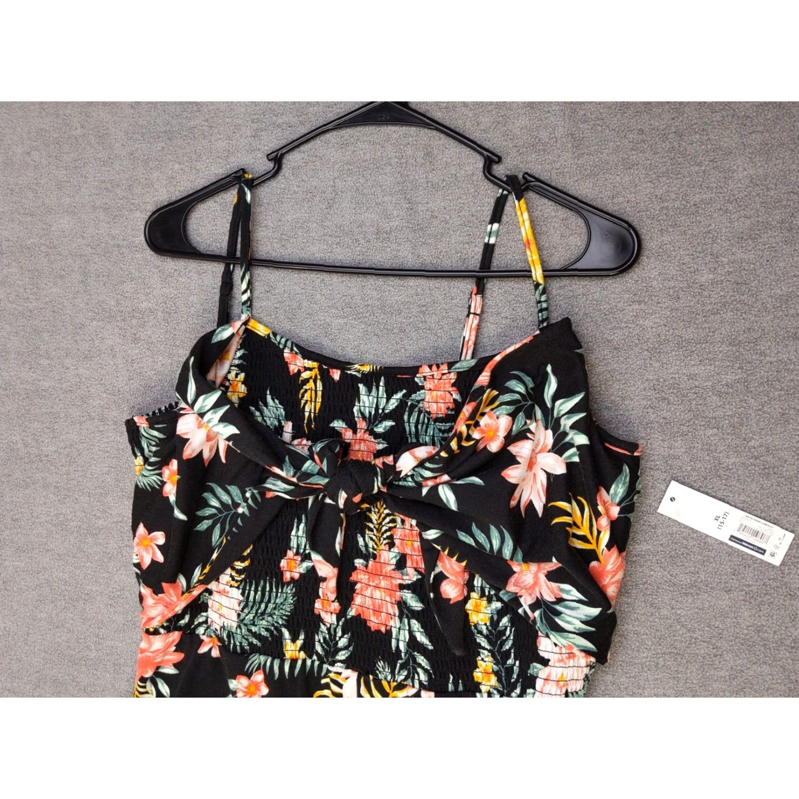 Vintage No Boundaries Jumpsuit Womens XL Black Floral Wide Leg Smocked Tie Front Summer Size 40" / US 18 - 3 Thumbnail