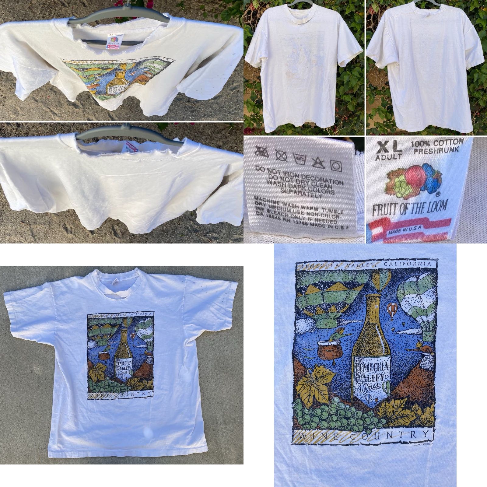Fruit Of The Loom VINTAGE Fruit of the Loom T-Shirt White XL Temecula Valley California Wine Country Graphic Print Thrashed Holes Short Sleeve Mens Vintage Size US XL / EU 56 / 4 - 9 Thumbnail