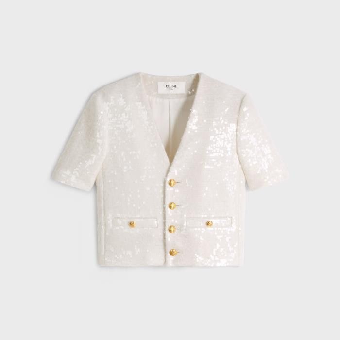 Celine o1w1db10526 2V45N4 Embroidered Cardigan Jacket in White Size XS / US 0-2 / IT 36-38 - 1 Thumbnail
