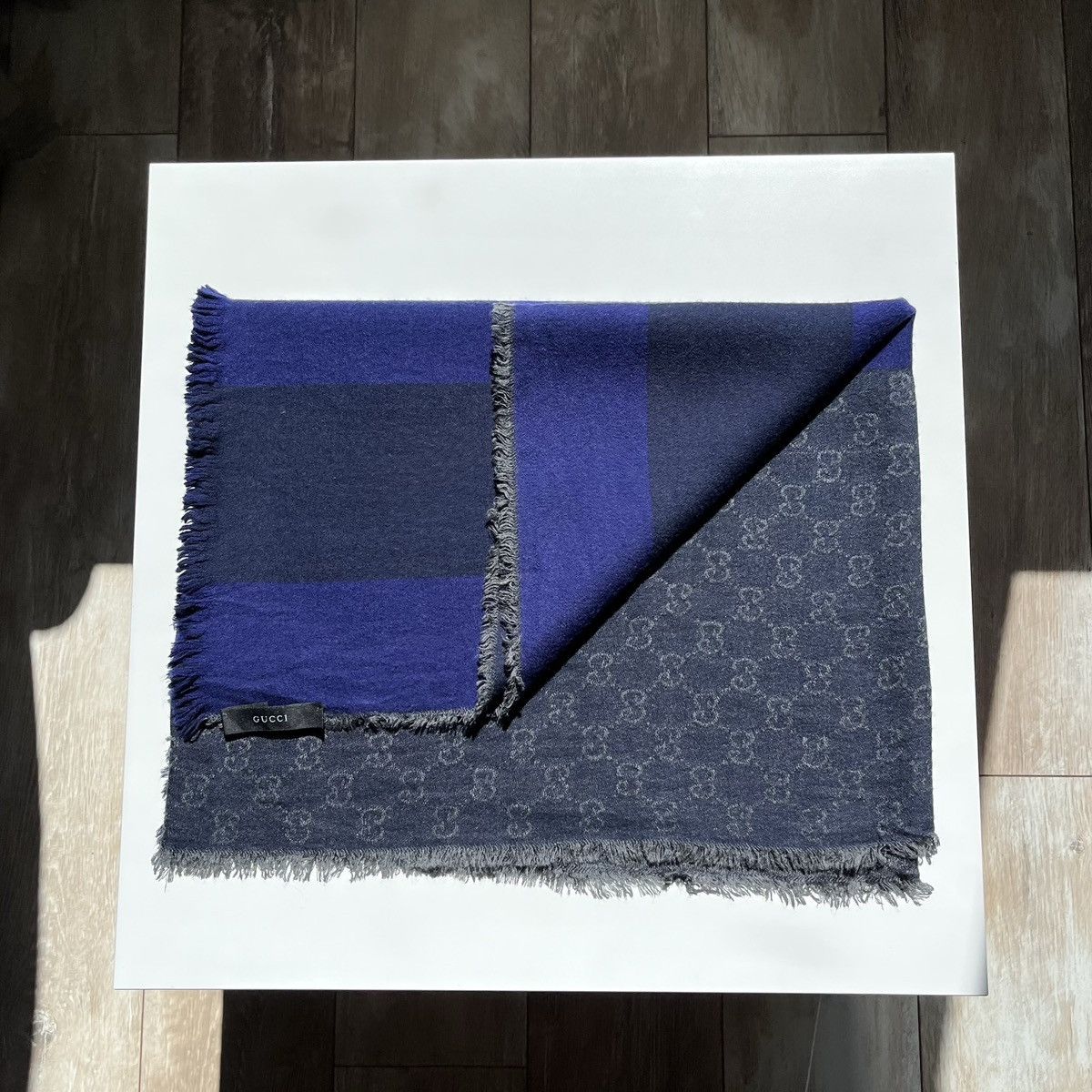 image of Gucci Big Scarf Monogram GG Logo Supreme Blue Scarf in Gray/Blue, Men's