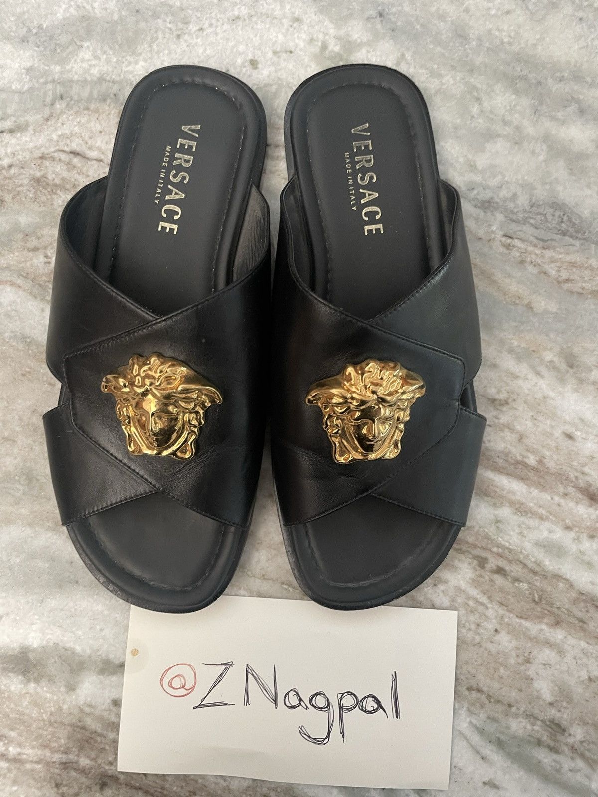 Versace leather slides with the big gold Medusa