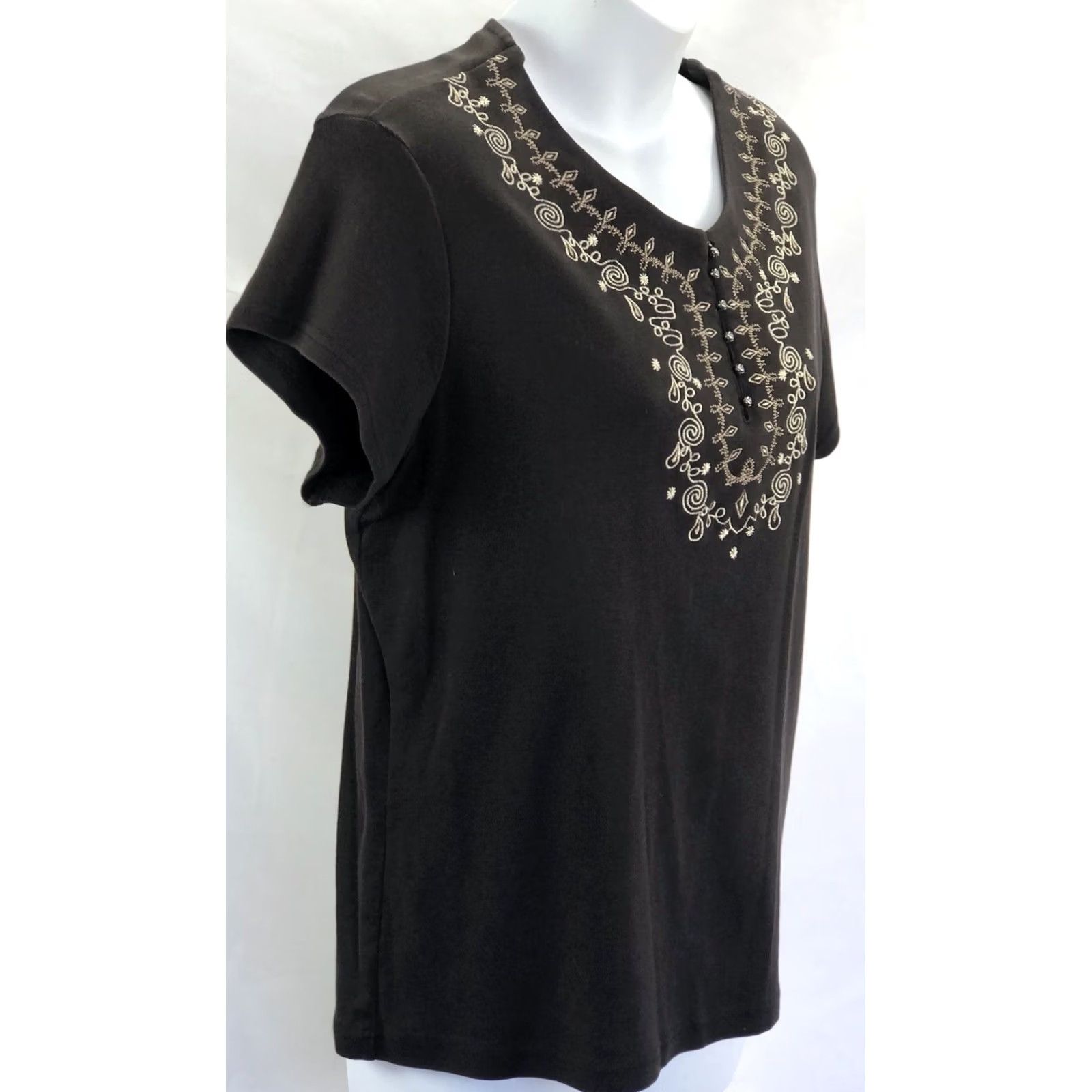 Vintage VINTAGE White Stag Top Shirt L Brown Embroidered V-Neck Short Sleeve 2000s Y2K Boho Tribal Mens Women Girls Boys Size L / US 10 / IT 46 - 2 Thumbnail
