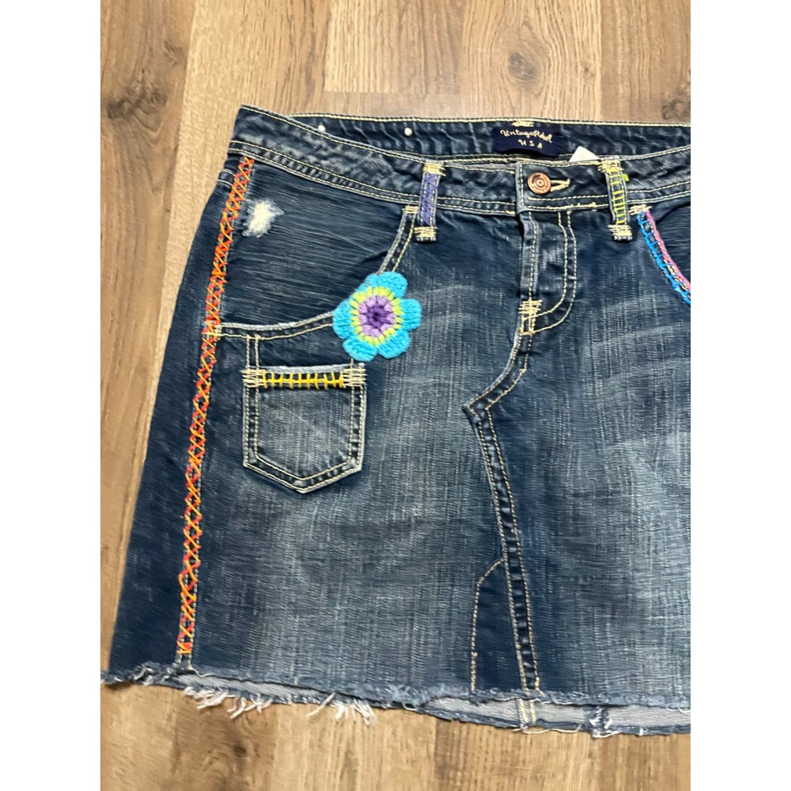 Vintage VINTAGE Rebel Skirt Women 29 Blue Denim Mini Pockets Raw Hem Short Size 29, Regular Skirt Womens Size 29" - 3 Thumbnail