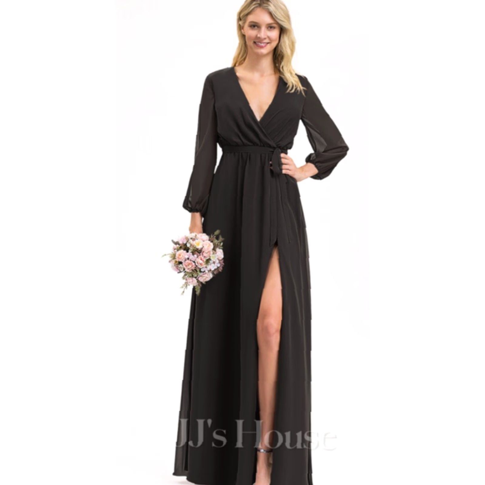 Vintage JJ’s House A-Line V-Neck Maxi Chiffon Bridesmaid Dress Black Bow Pleated Sz 4 Womens Size ONE SIZE - 2 Thumbnail