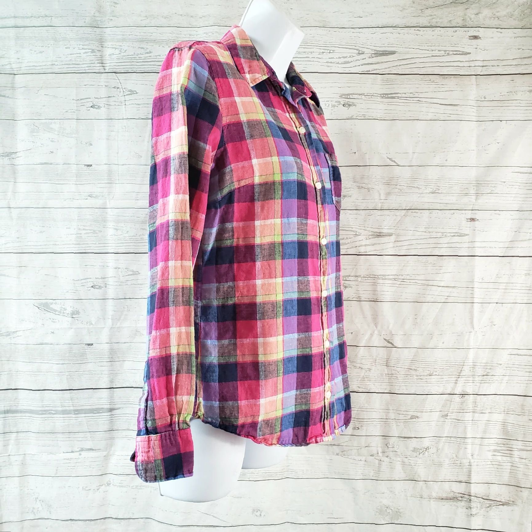 Gap Gap Womens Button-Front Shirt XS Pink Plaid Linen Blend Casual Size XS Short Sleeve? Size XS / US 0-2 / IT 36-38 - 3 Thumbnail