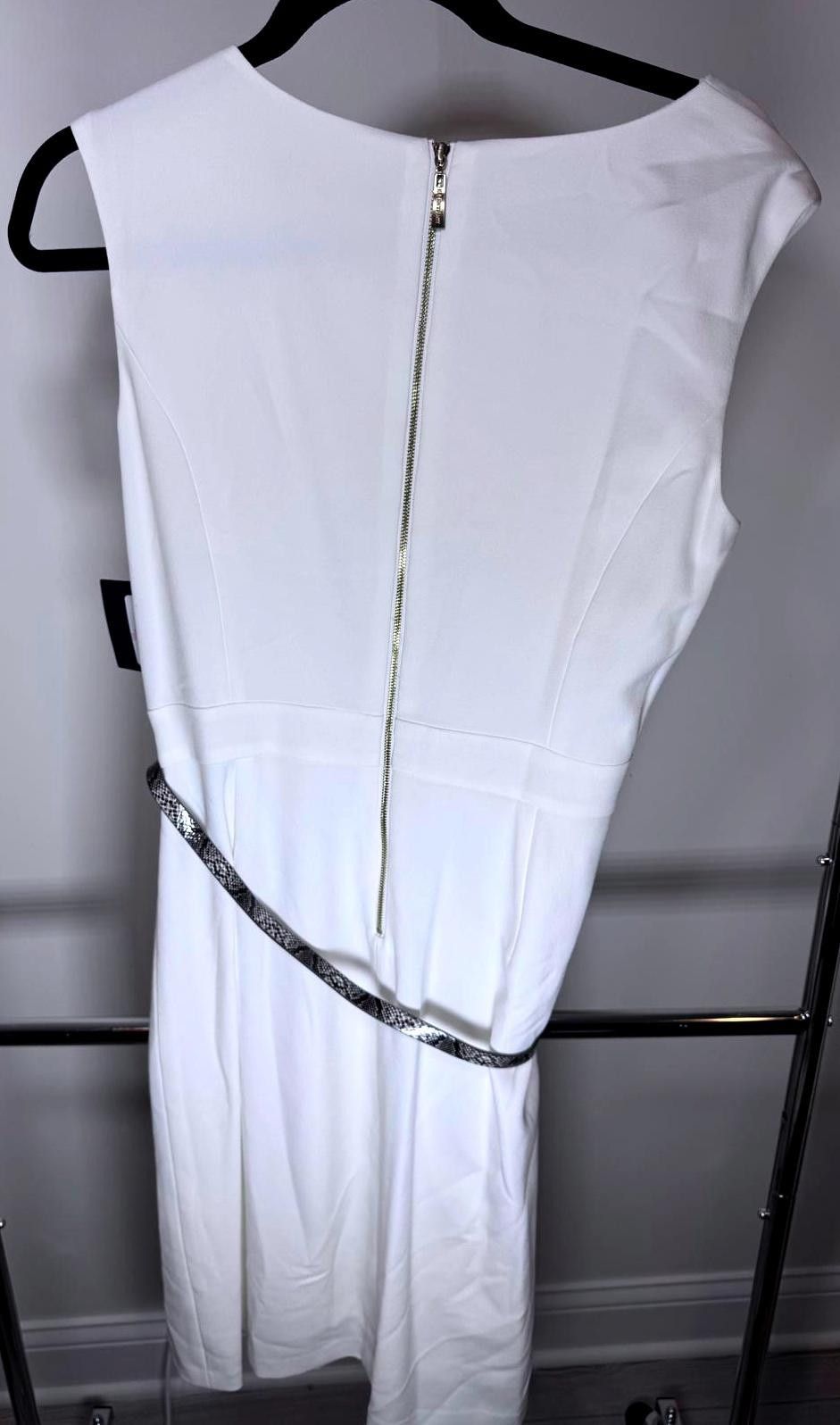 Designer Elegant Ellen Tracy White Dress with Belt Size L / US 10 / IT 46 - 2 Thumbnail