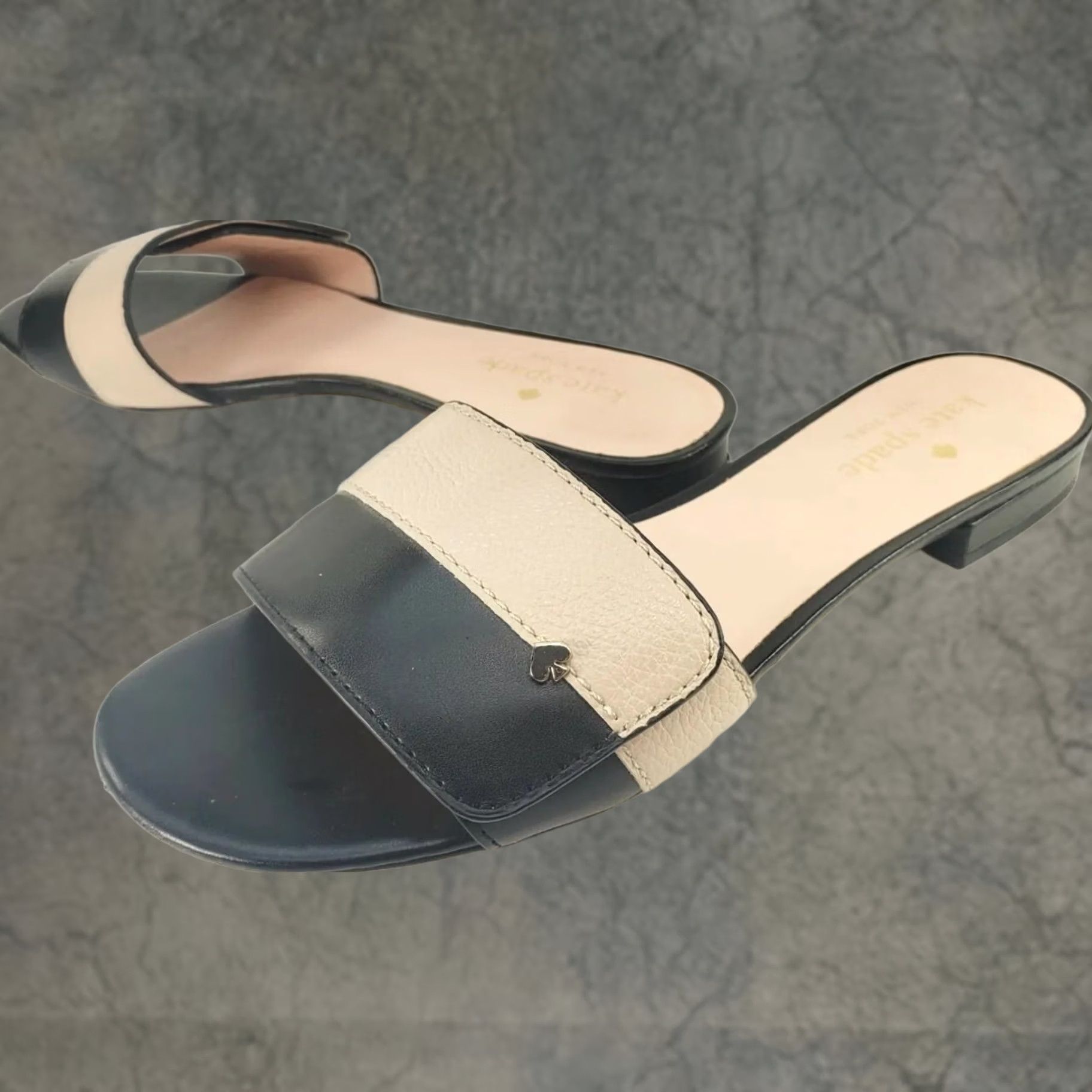 Vintage KATE SPADE 7.5B Slide Flat Sandals Pink Black Crossover Gold Ornaments Low Heel Womens Summer Dressy & Stylish Open Toe Leather Lined Slip On Casual Size US 8 / IT 38 - 1 Thumbnail