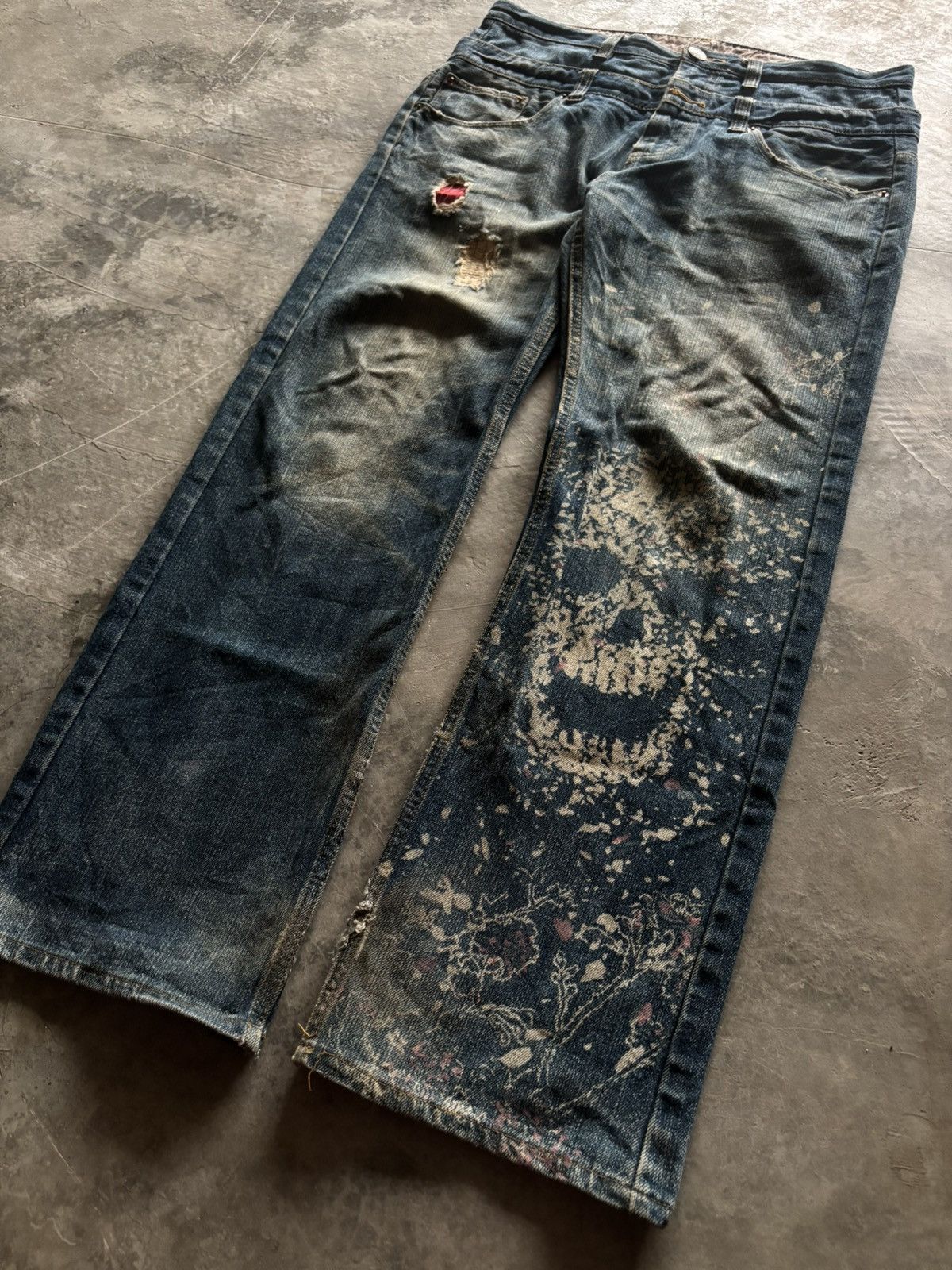 Karakuri Tamashii DOUBLE WAIST DISTRESSED BUDEN JAPANESE DENIM SKULL SUKAJAN Size US 35 - 13 Thumbnail