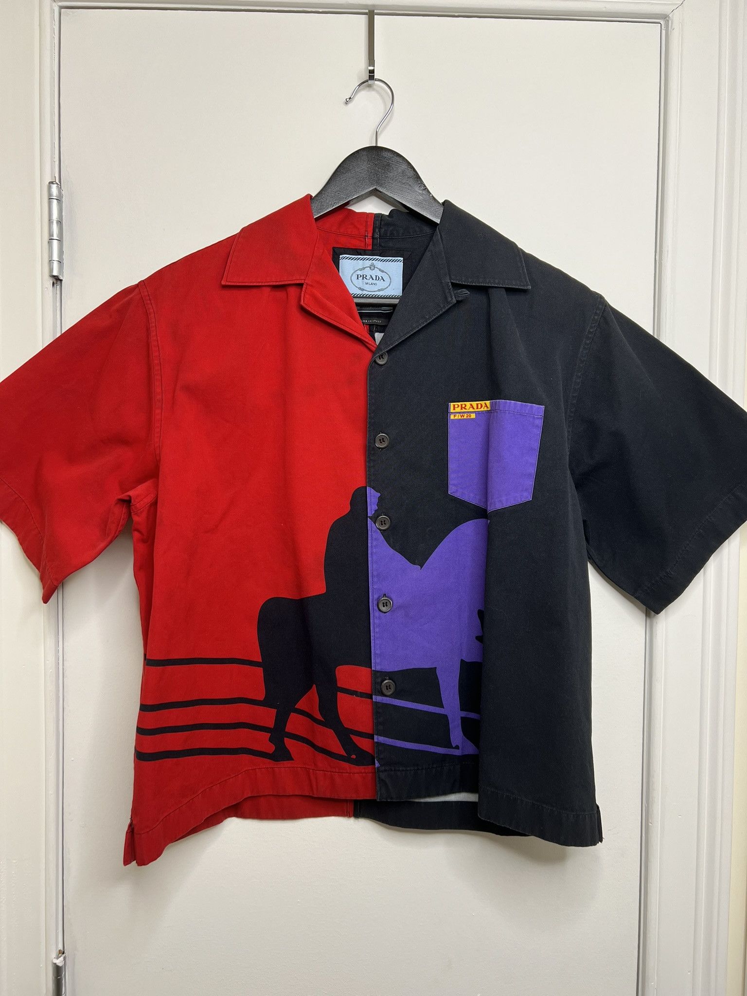 image of Prada Fw20 Double Match Horse Camp Shirt Size M in Black, Men's