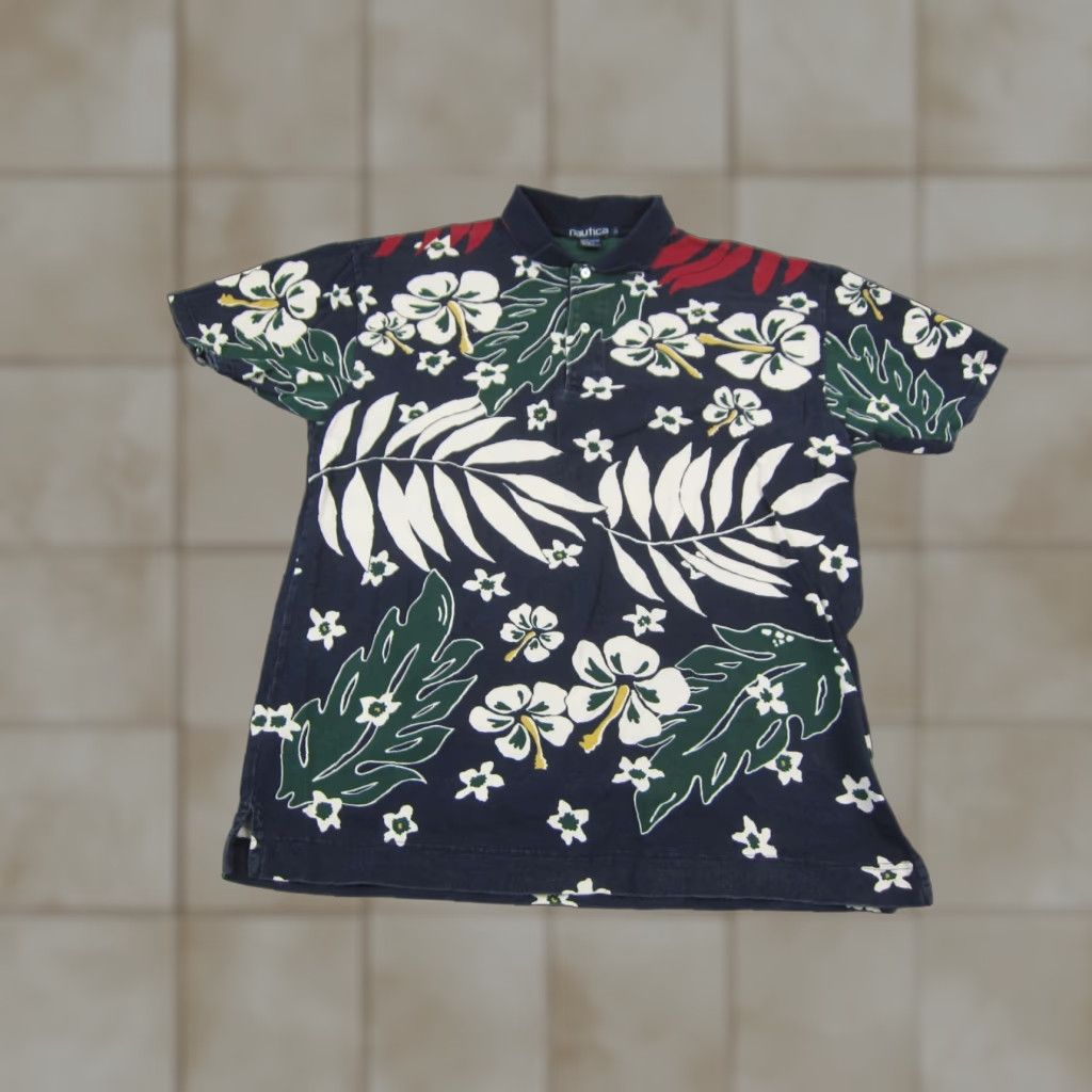 Nautica VINTAGE Nautica Polo Shirt Mens L Blue Floral Tropical 90s Golf Shirt Size US L / EU 52-54 / 3 - 1 Thumbnail
