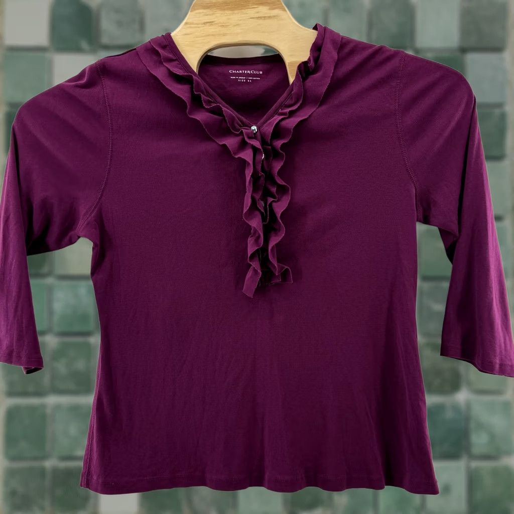 Charter Club Charter Club Shirt Womens XL Purple Ruffle Neck 3/4 Sleeve 100% Cotton Blouse Size XL / US 12-14 / IT 48-50 - 1 Thumbnail