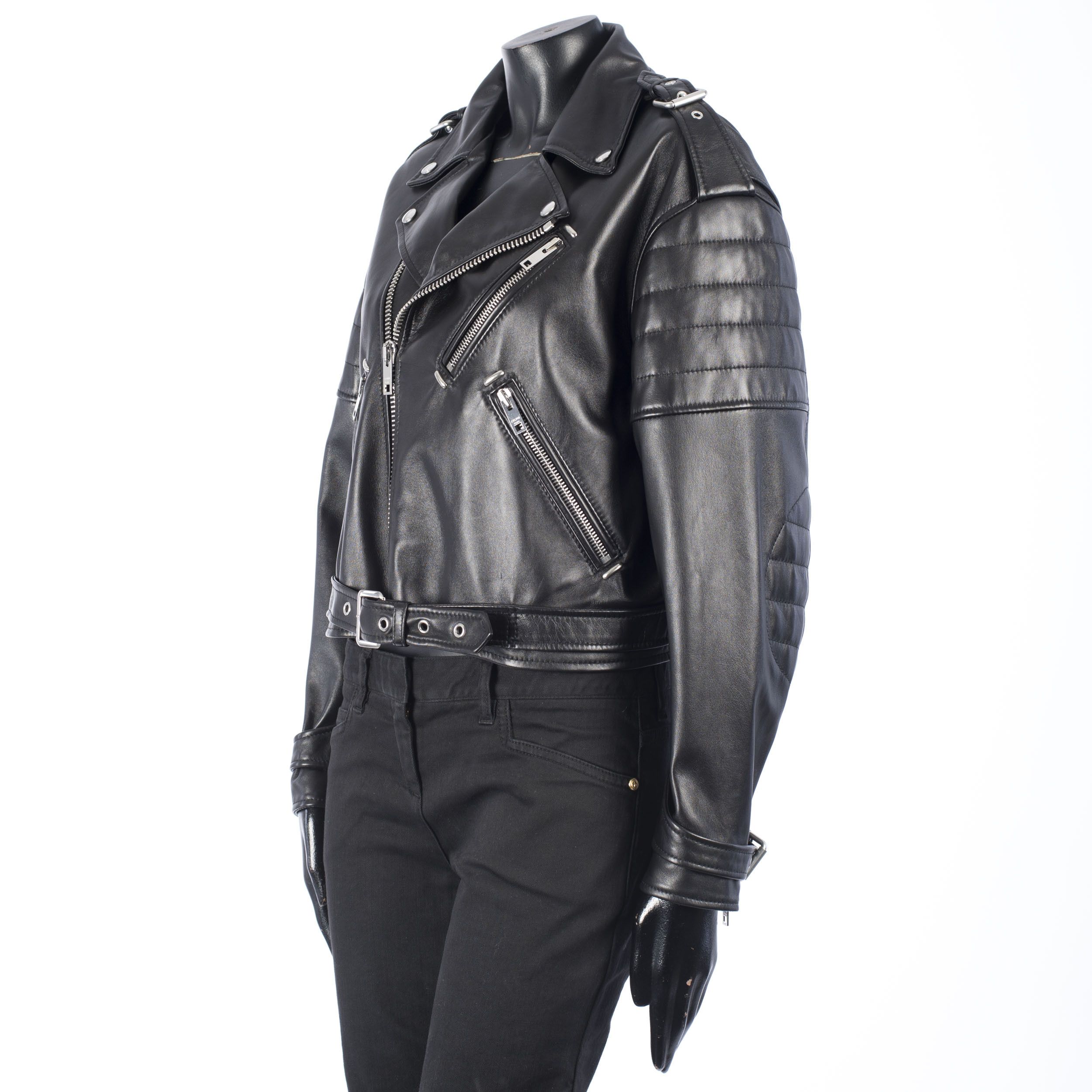 Celine Black Biker Jacket In Lambskin Leather With Padded Sleeves Size L / US 10 / IT 46 - 3 Thumbnail