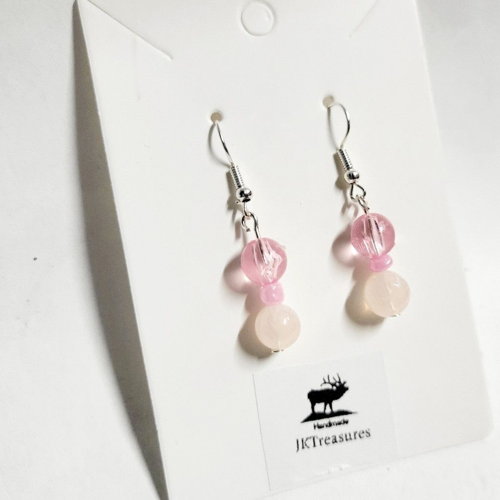 Handmade Handcrafted rose quartz crystal & pink glass dangle earrings Size ONE SIZE - 2 Thumbnail