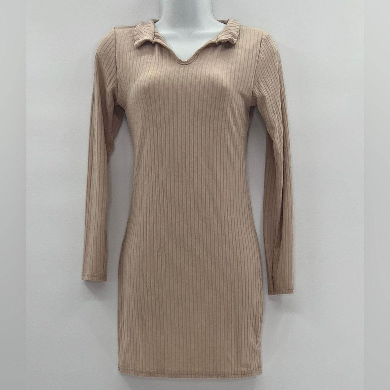 Boohoo Boohoo Camel Ribbed Collar Detail Long Sleeve Bodycon Size M / US 6-8 / IT 42-44 - 2 Thumbnail