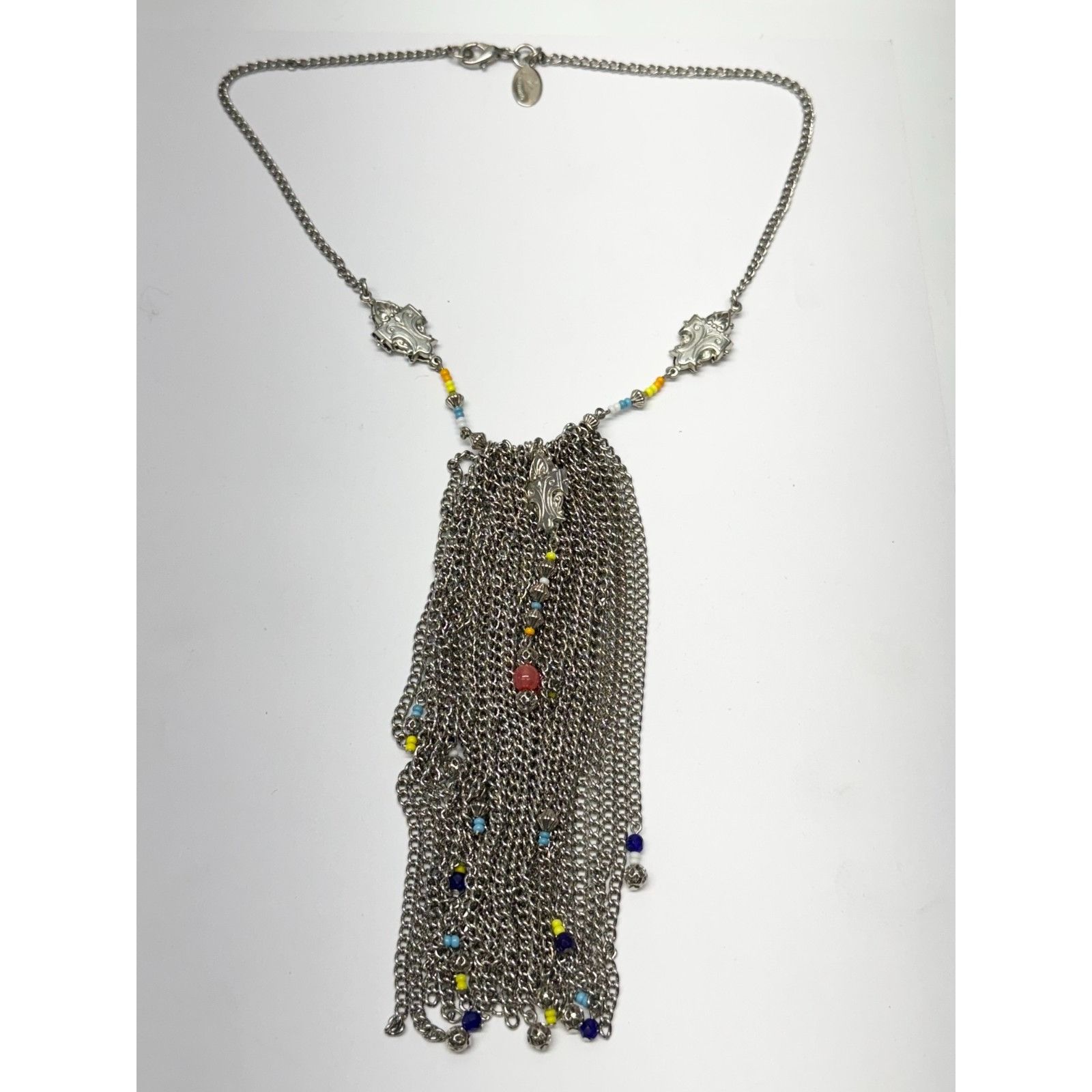 Vintage Vintage silver chain tassel beaded statement necklace Size ONE SIZE - 2 Thumbnail