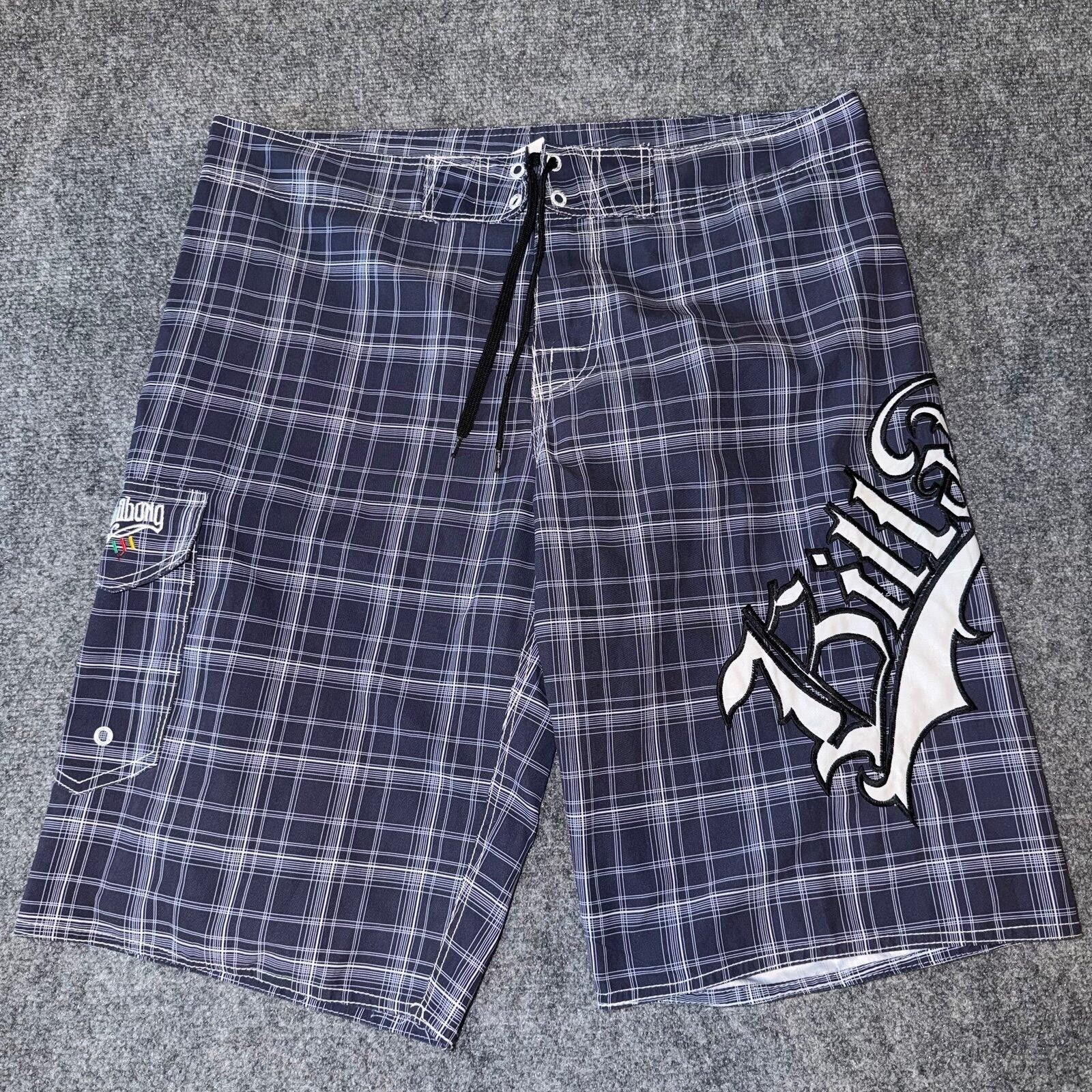 Billabong Blue Plaid Spellout Surf Board Shorts Mens 2XL Vtg