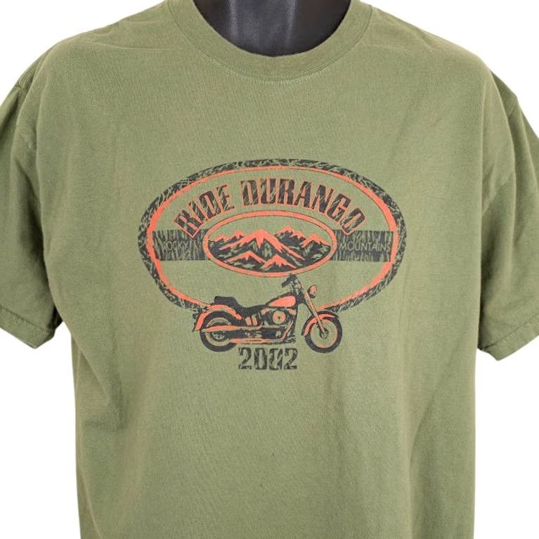 Hanes VINTAGE Hanes T-Shirt Mens Large Green Ride Durango Rocky Mountains Motorcycle 2000s Y2K Travel Souvenir Shirt Size US L / EU 52-54 / 3 - 2 Thumbnail