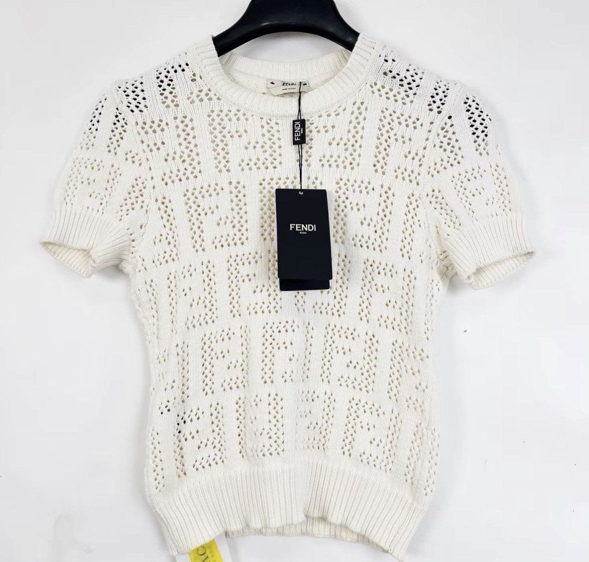 Fendi Fendi Double F Full Print Logo Hollow Knit Short Sleeve K12 Size XS / US 0-2 / IT 36-38 - 1 Thumbnail