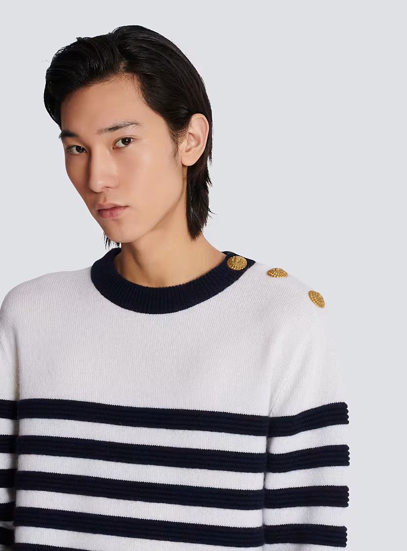 Balmain o1s1wg110925 Button Detail Striped Jumper in Black/White Size US XL / EU 56 / 4 - 7 Thumbnail