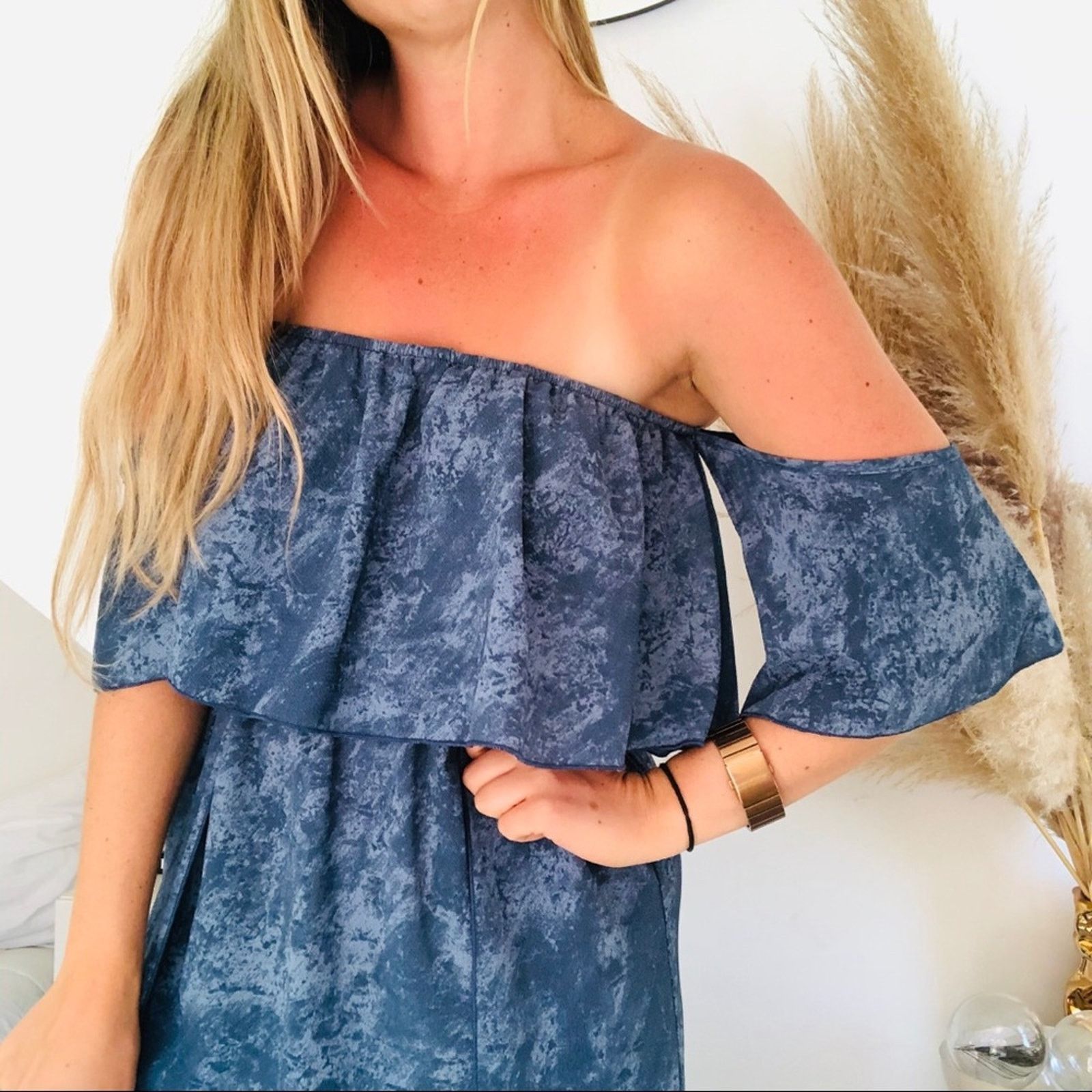 Nordstrom I JOAH Blue White Tube Off Shoulder Ruffle Slit Maxi Dress Size M / US 6-8 / IT 42-44 - 4 Thumbnail