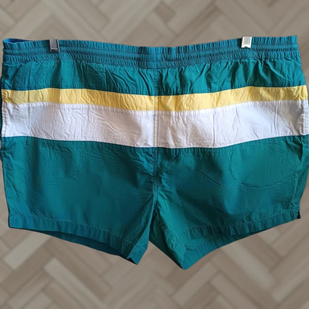 VINTAGE Pacific Scene Men's Surf Trunks XL Colorblock Aqua Blue Yellow Striped 1990s