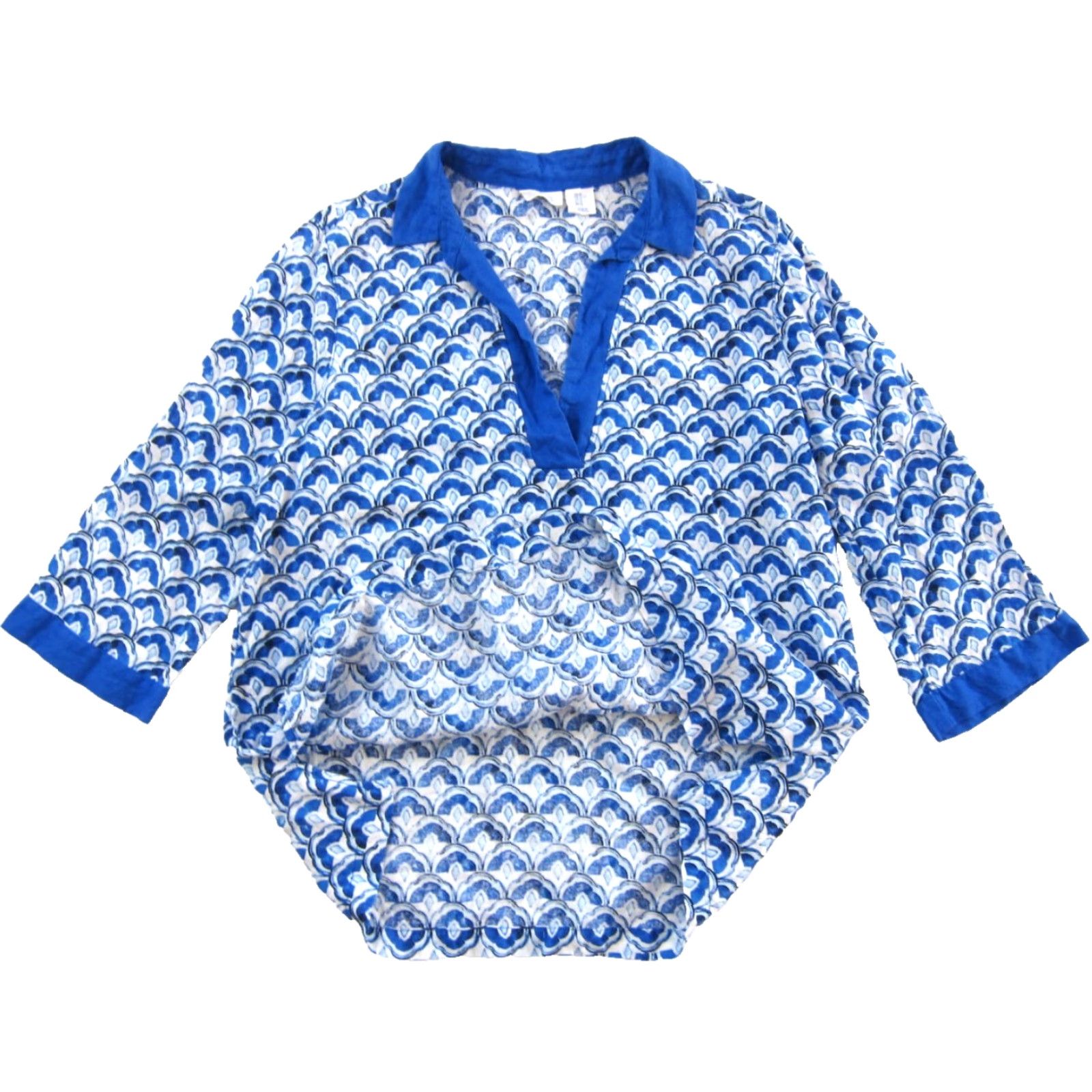 Vintage Sidrid Olsen 100% Linen Blue White Fan Motif Collared 3/4 Sleeve Blouse XL Size XL / US 12-14 / IT 48-50 - 5 Thumbnail
