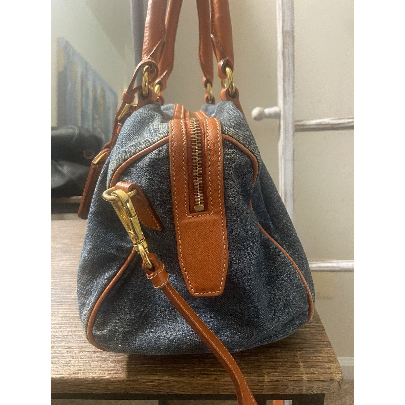 Prada Prada Bauletto blue denim orange saffiano 2way handbag, good Size ONE SIZE - 11 Thumbnail