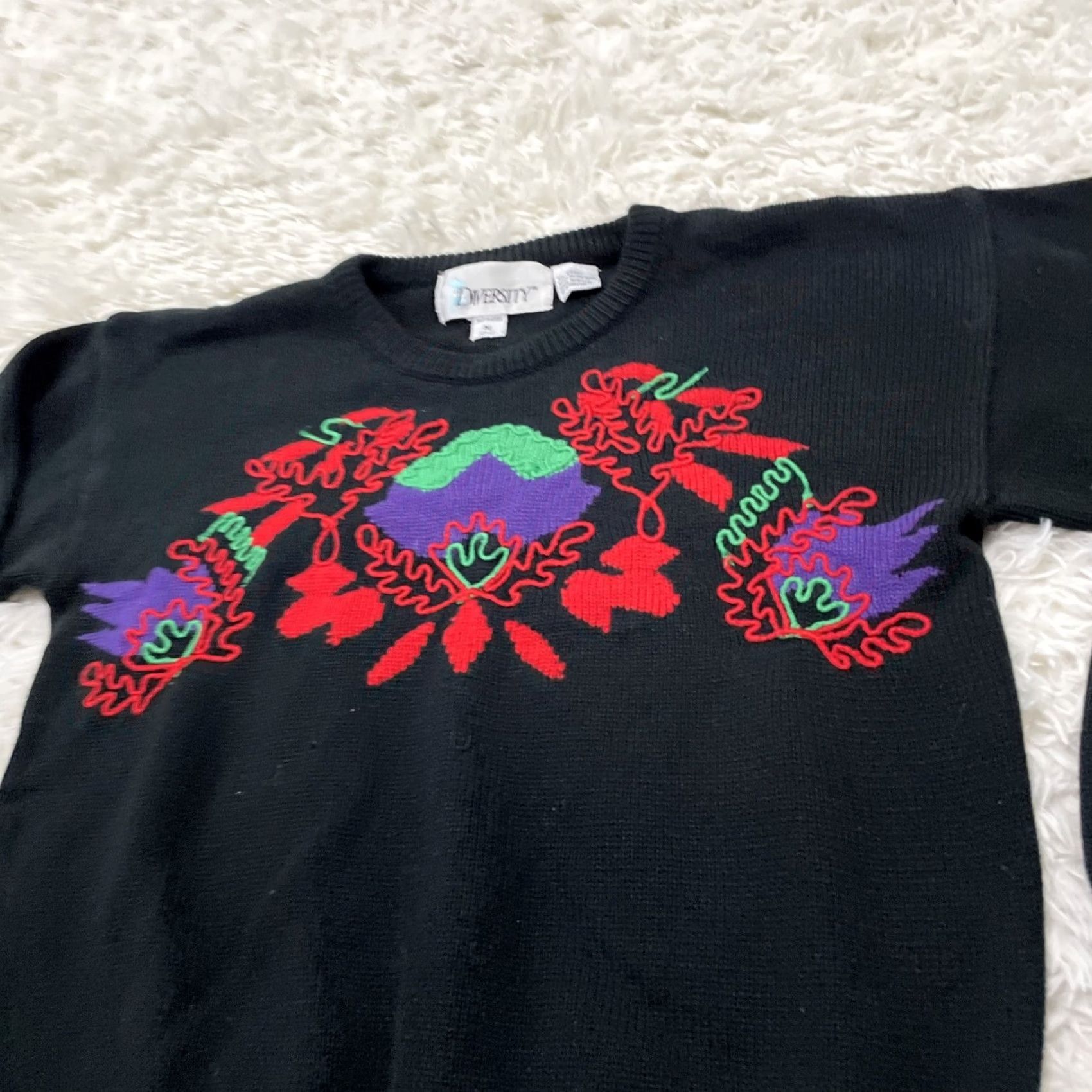 Vintage DIVERSITY Floral Vintage Sweater Women M Black Red Purple Knit Raglan M Size M / US 6-8 / IT 42-44 - 5 Thumbnail