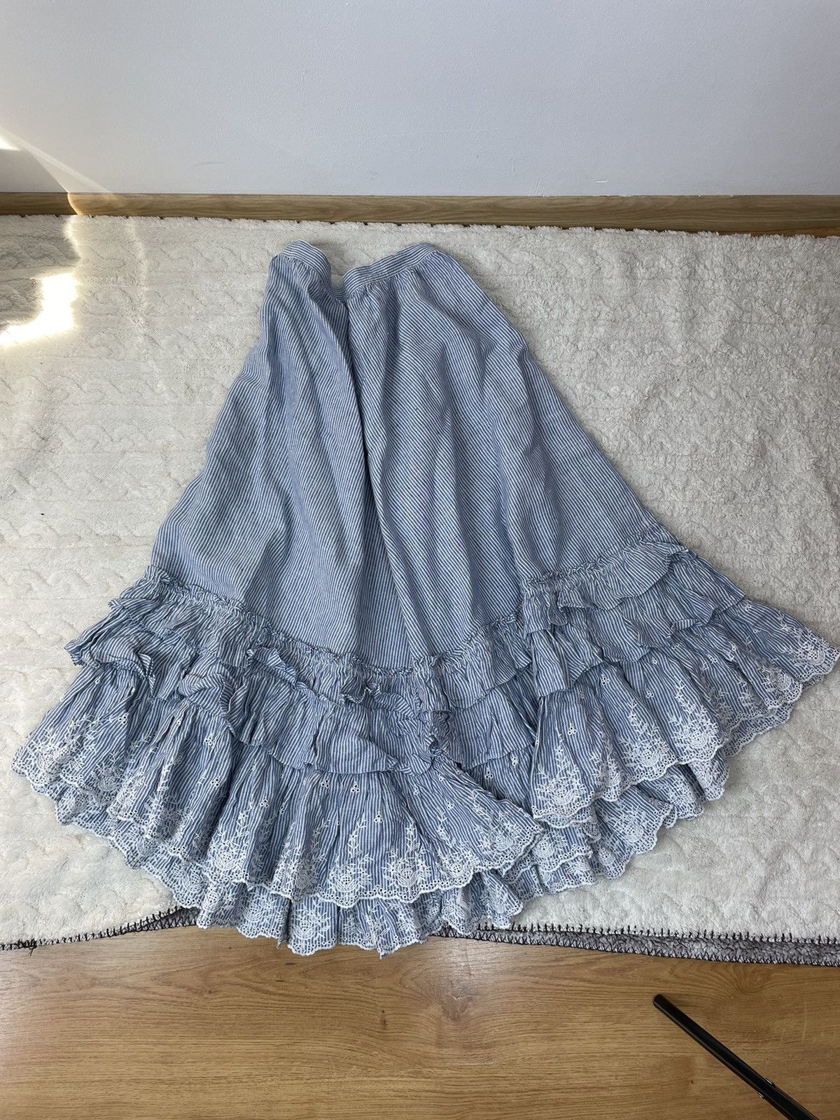 image of Polo Ralph Lauren Long Linen Skirt Ralph Laurent Blue White Size 8 in Blur, Women's