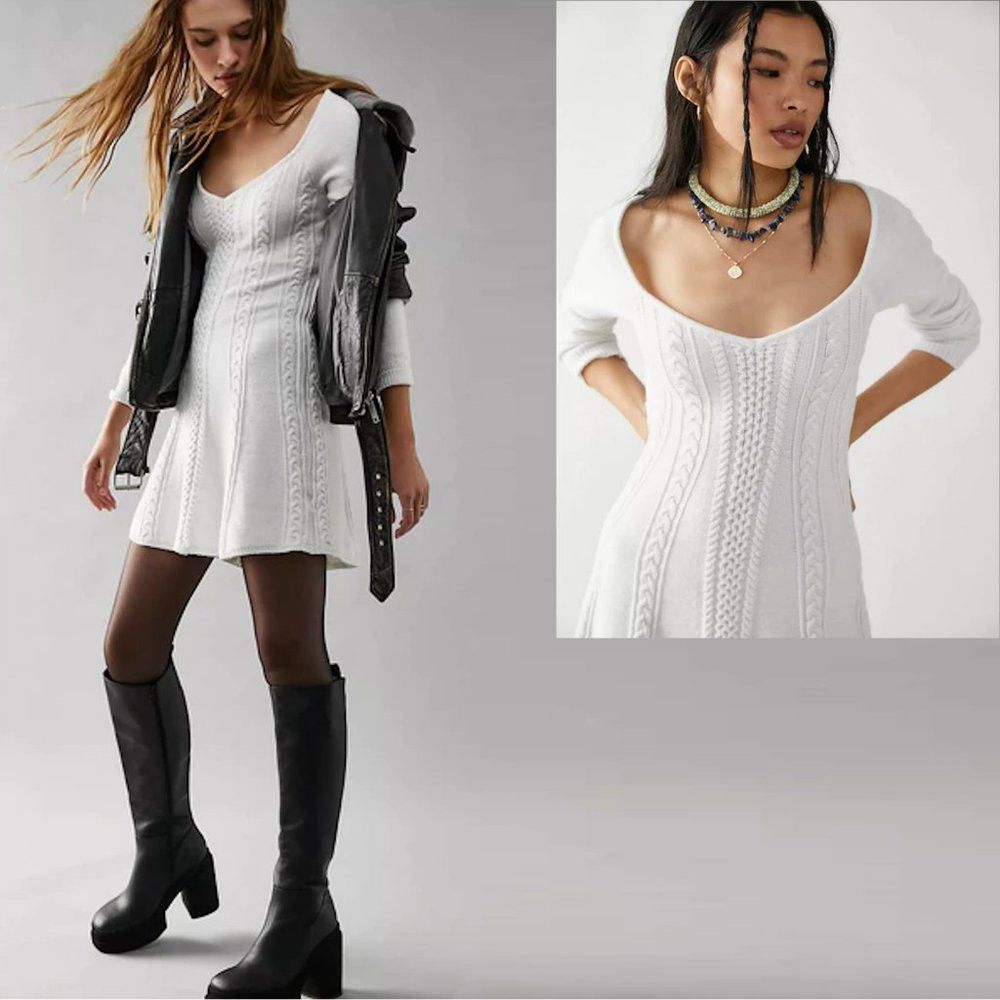 Free People New Free People Small World Sweater White Mini Dress Size L Size L / US 10 / IT 46 - 2 Thumbnail