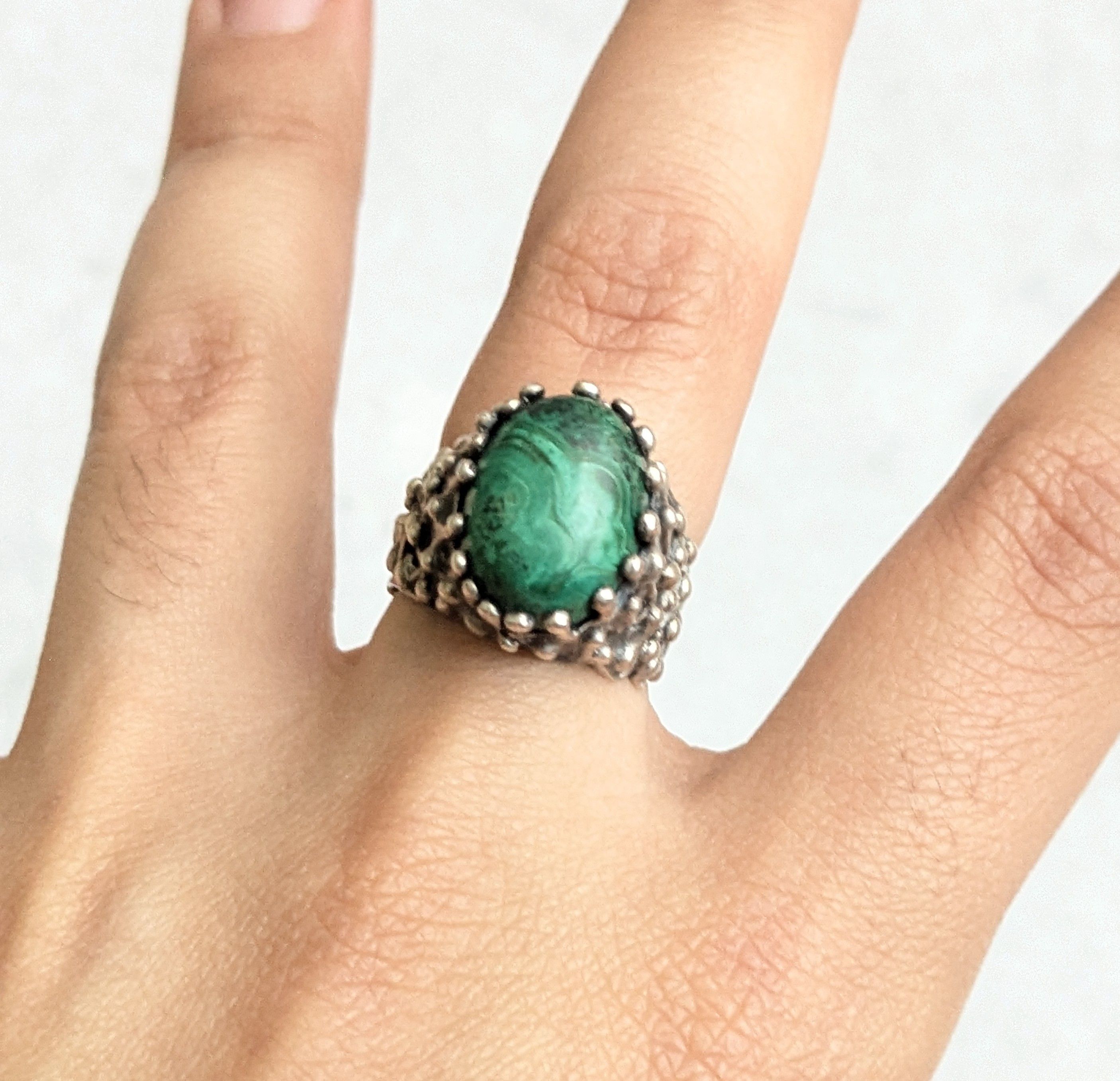 Jewelry Vintage Sterling Silver Ring Malachite 9 Brutalist Avant Size ONE SIZE - 13 Thumbnail