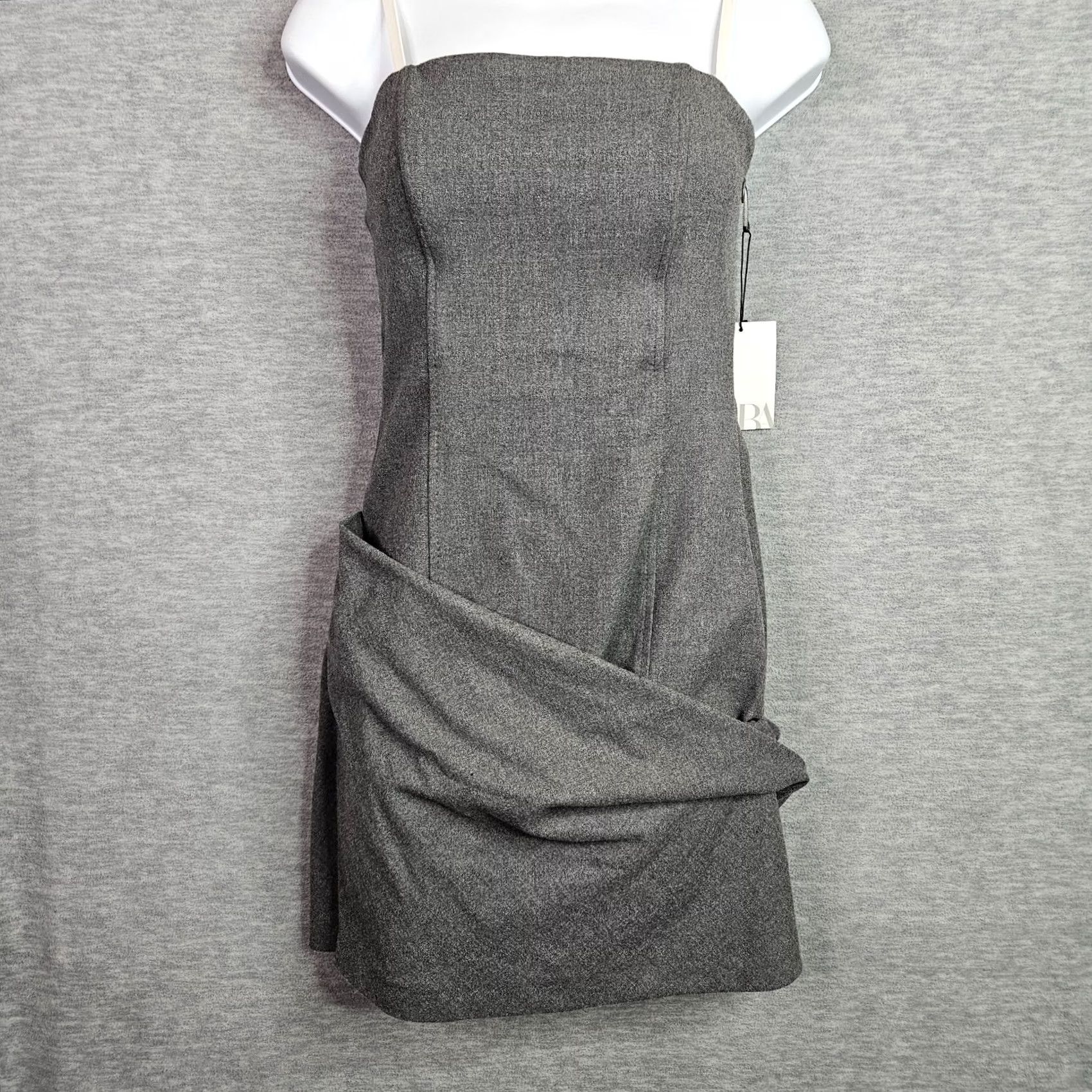 Zara ZARA Strapless Gray Mini Dress XS Asymmetrical Ruched Bodycon NWT Size XS / US 0-2 / IT 36-38 - 2 Thumbnail