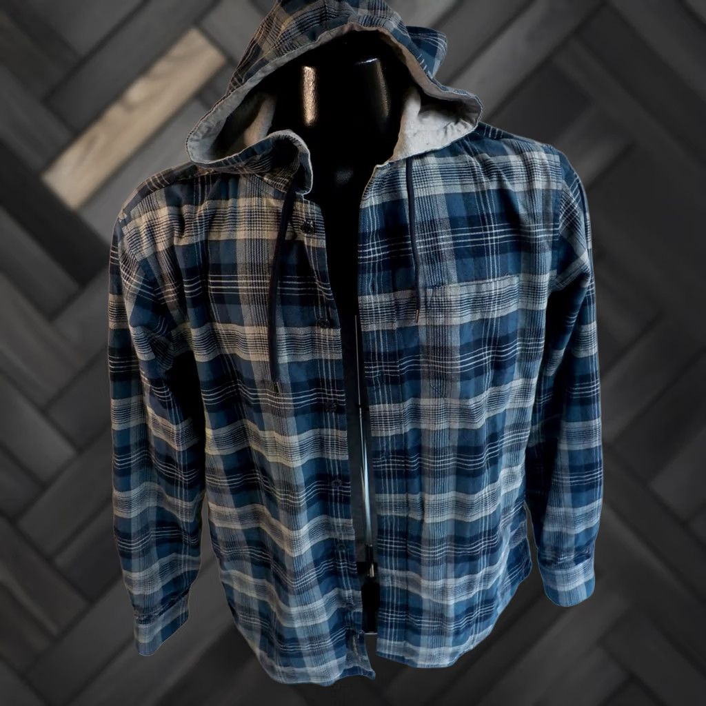 Eddie Bauer EDDIE BAUER Men's Plaid Lined Hoodie Button Front Jacket Shirt Jacket Blue Gray Cotton SZ MED Size US M / EU 48-50 / 2 - 1 Thumbnail